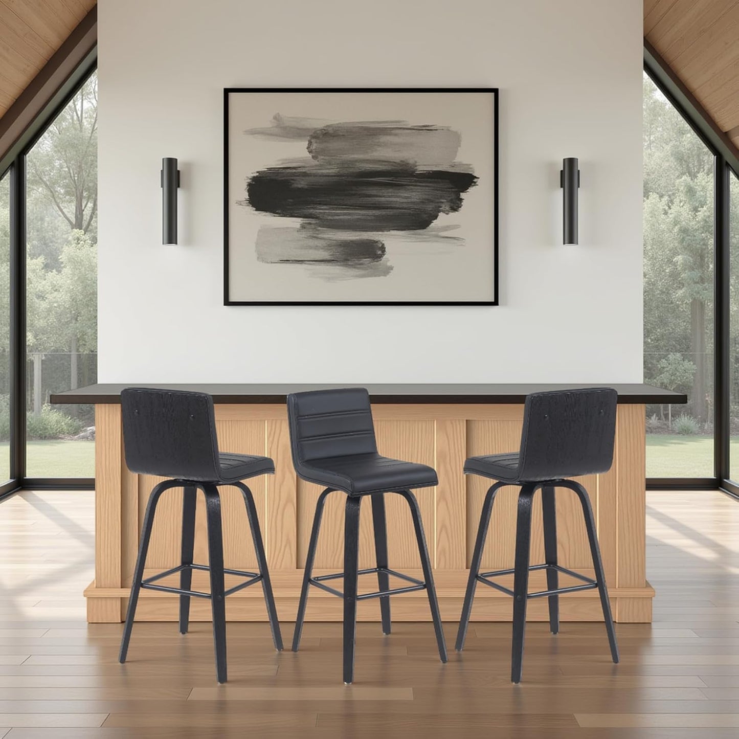 Vienna Modern Swivel Bar Height Stool with Black Faux Leather Seat and Black Brushed Wood Frame Set of 4