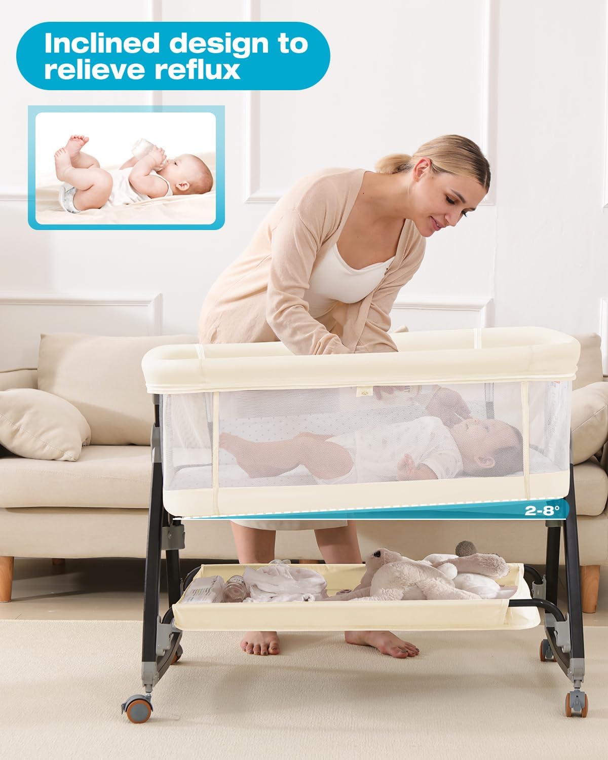 3 in 1 Baby Bassine Crib with Breathable Mesh, Bassinet Bedside Sleeper with Wheels, Mosquito Net, Storage Basket, 6 Height Adjustable, Easy to Fold, Rocking Bassinet for Baby