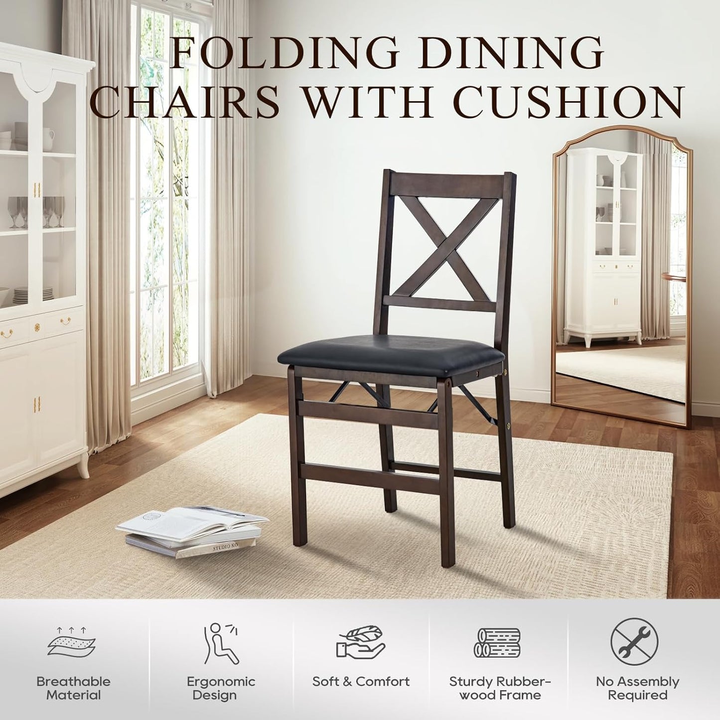 COLAMY Folding Dining Chairs Set of 2 – Dark Brown Wooden Dining Room Chairs, Pre-Assembled, Space Saving Kitchen & Dining Room Furniture, Mid Century Rustic Style, Indoor Outdoor Use