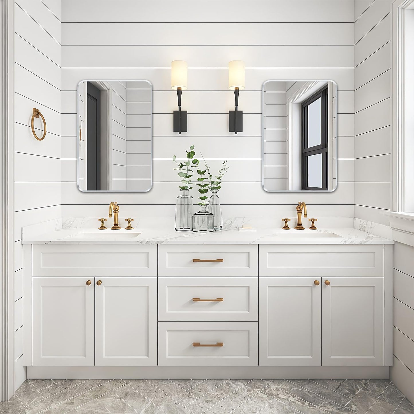 Wall Mount Mirror for Bathroom, Brushed Silver Metal Framed Rounded Corner Rectangular Vanity Mirror (18" x 24", Silver)