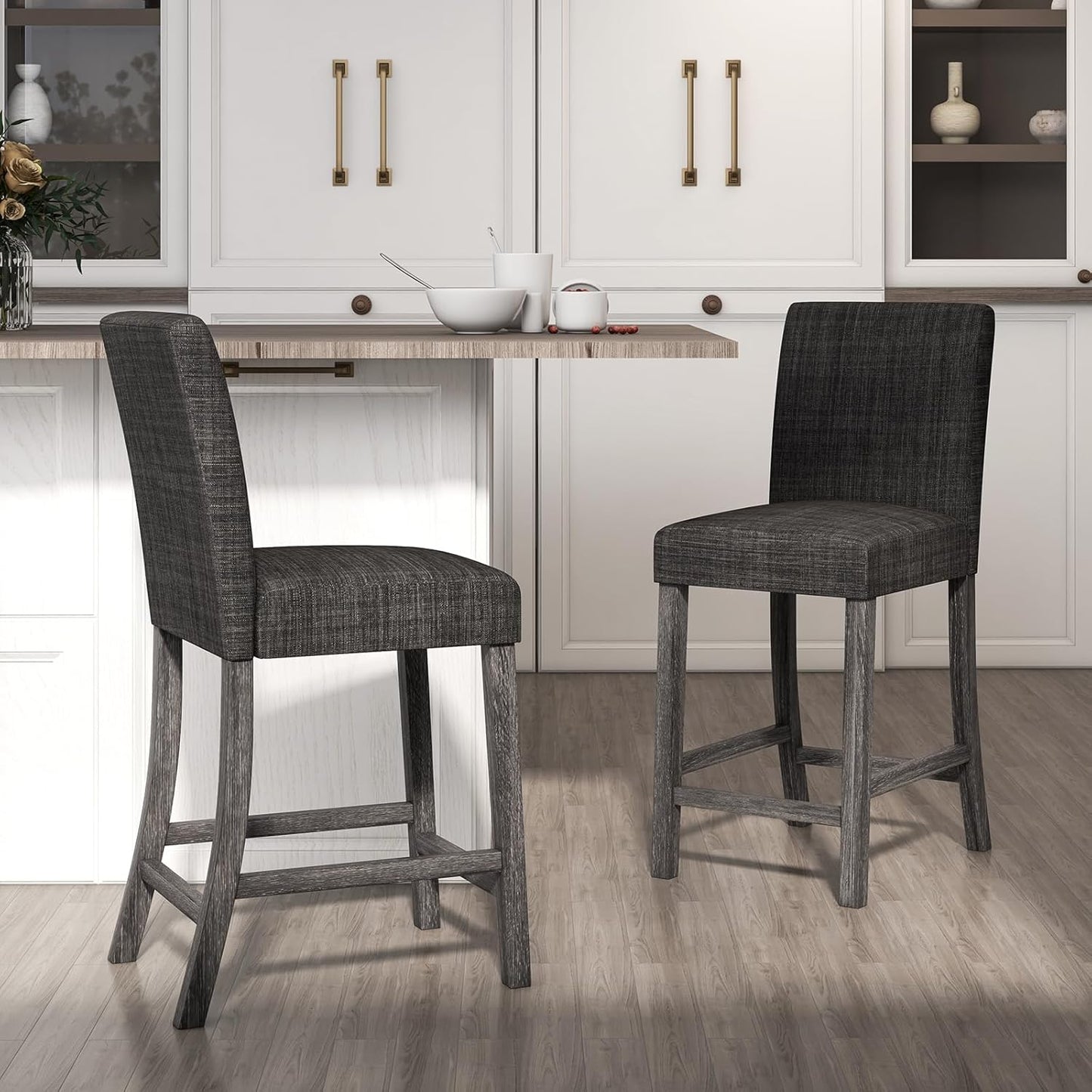 COSTWAY Upholstered Counter Height Stools Set of 2, Bar Stools w/Ergonomic Backrest, Solid Wood Frame, 24.5” Fabric Counter Height Chairs for Kitchen Island, Dining Room, Pub (Grey)