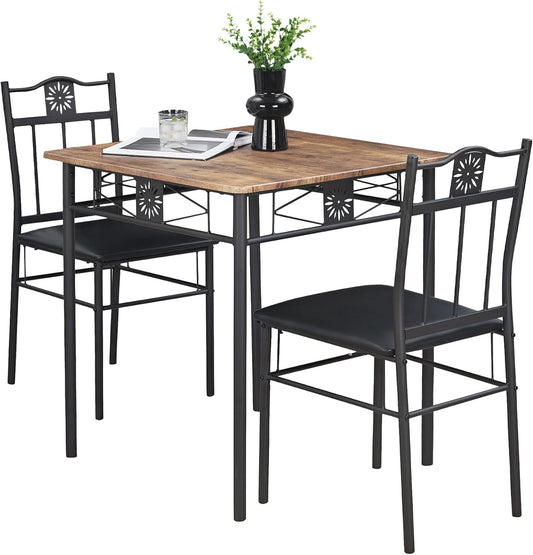 VECELO 3-Piece Small Kitchen Dining Table Set for 2, PU Padded Chairs, Retro Brown