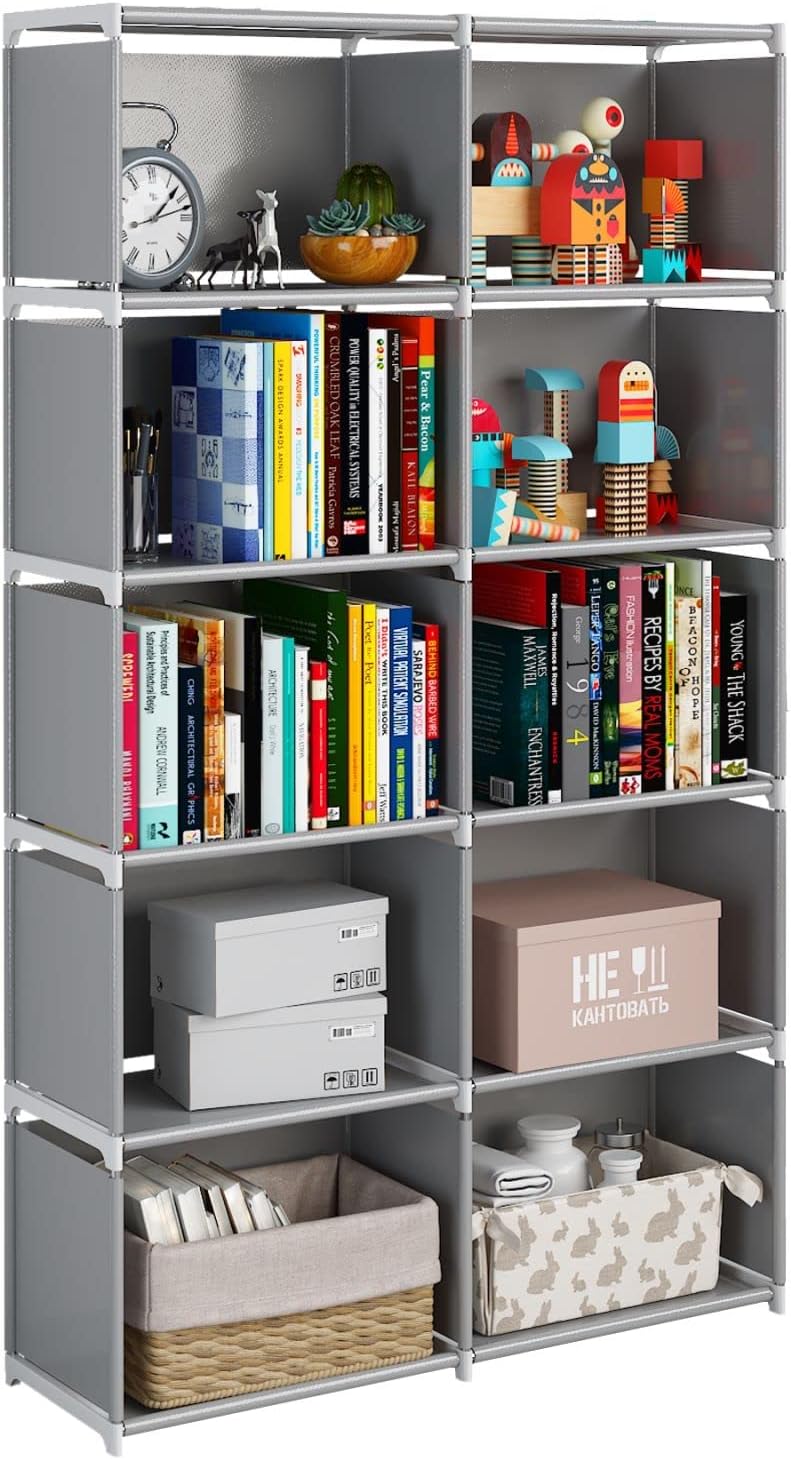 JIUYOTREE 6-Tiers Portable Bookshelf with Fabric Cloth at Back, 10 Cube Closet Storage Organizer Bookcase, Living Room,Study Room,Bedroom, Grey
