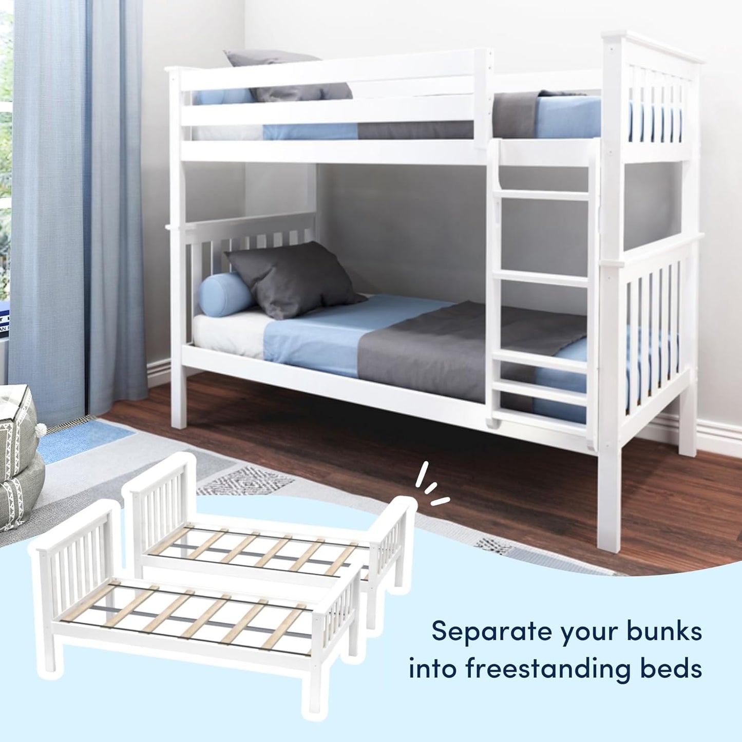 Max & Lily Bunk Bed Twin over Twin, Solid Wood Bunk Bed Frame with Ladder for Kids, 14" Safety Guardrails, Easy Assembly, No Box Spring Needed, White