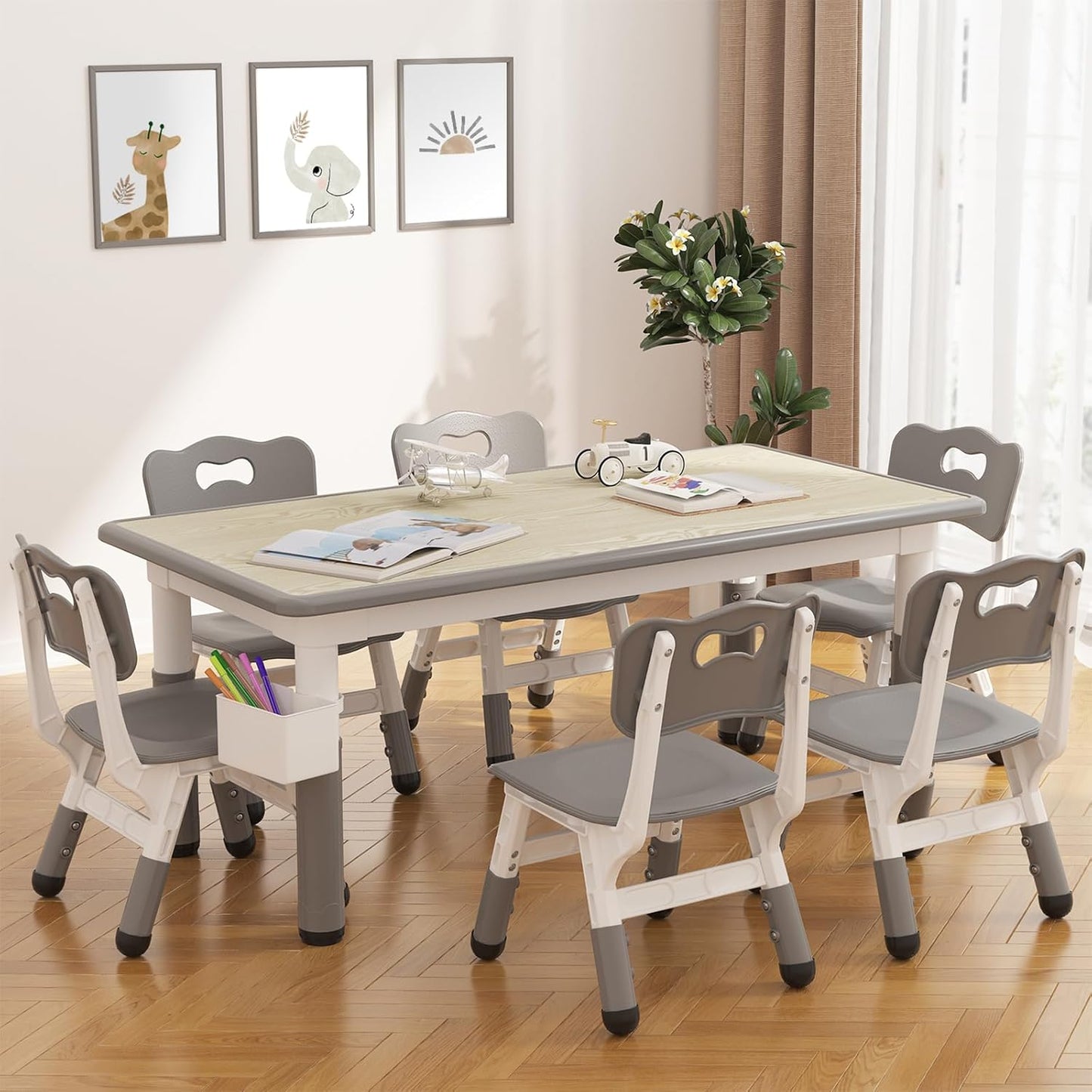 GarveeHome Kids Table and 6 Chairs Set, Height Adjustable Toddler Table and Chair Set, Graffiti Desktop, Children Study Play Dinner Table for Home Daycare Preschool for Ages 2-8, Grey
