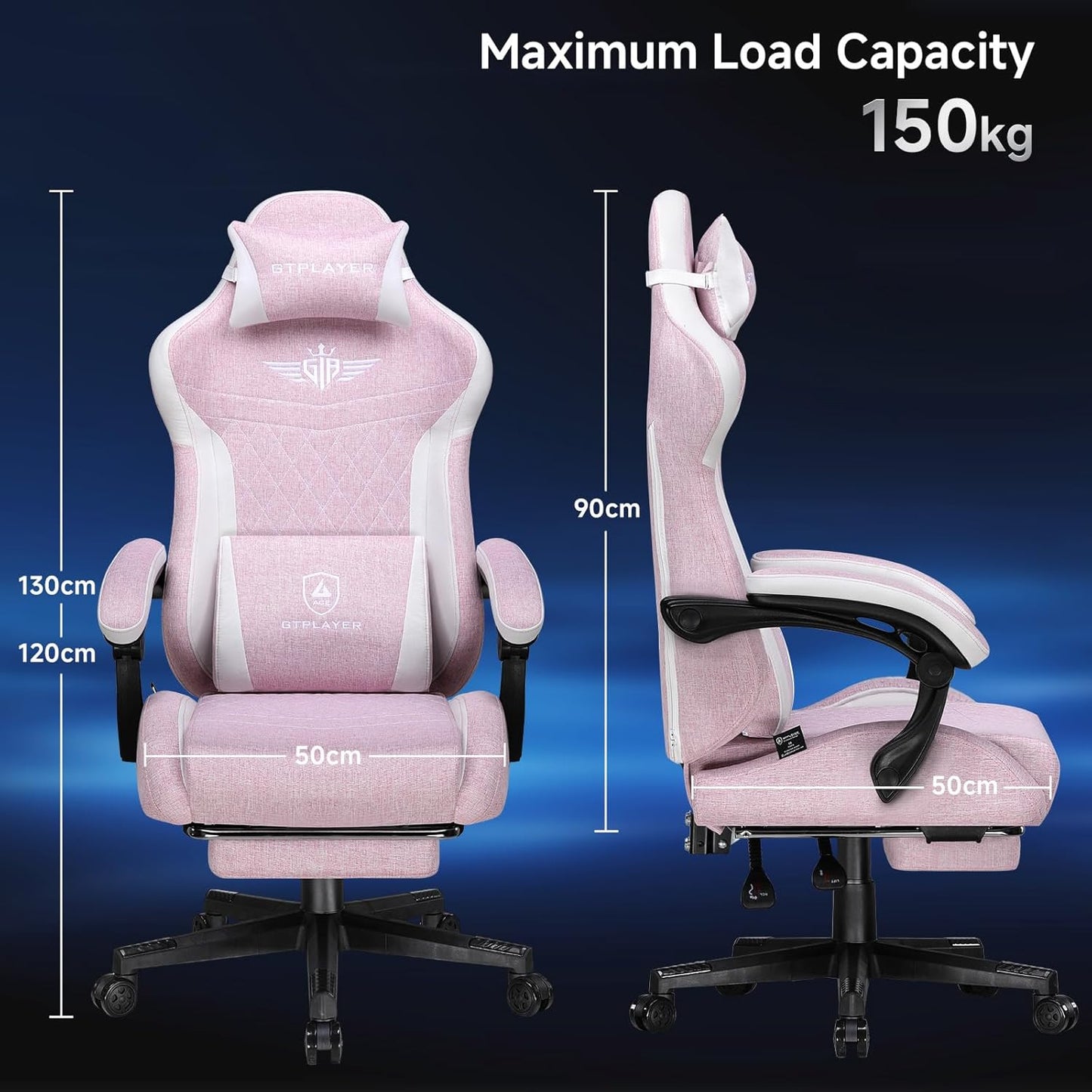 GTPLAYER Gaming Chair, Video Game Chairs with Footrest and Lumbar Support, Computer Chair for Adults with Extended Backrest, Ergonomic Reclining Silla Gamer, Linen Fabric, Pink