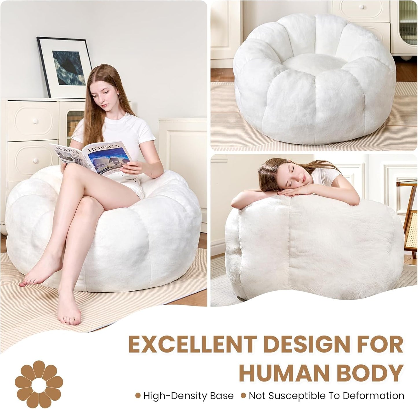 Bean Bag Chairs for Adults, Faux Fur Reading Chair with Petal Arm Rest Fluffy Comfy Chair for Bedroom, Living Room, Dorm, Game - White, Large, Low Support