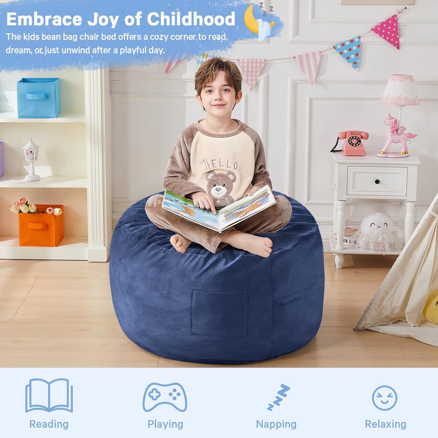 Kids Bean Bag Chair Bed - Convertible Lazy Chair to Floor Mattress with Filler - Small Beanbag Chair for Boys and Girls - Floor Couch Sofa in Bedroom, Classroom, Reading Nook - Navy Blue