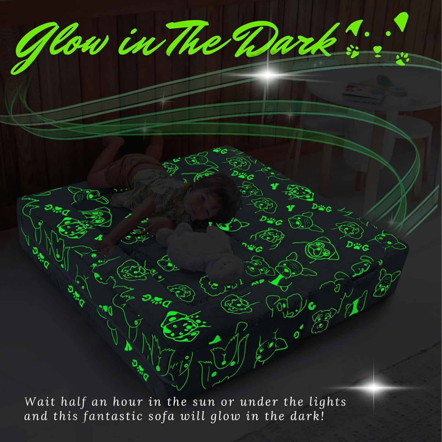 MeMoreCool Kids Sofa Couch, Glow in Dark Toddler Chair Fold Out, Modular Play Couch for Playroom, Child Foam Blocks Convertible Baby Furniture (Glowing Dogs)