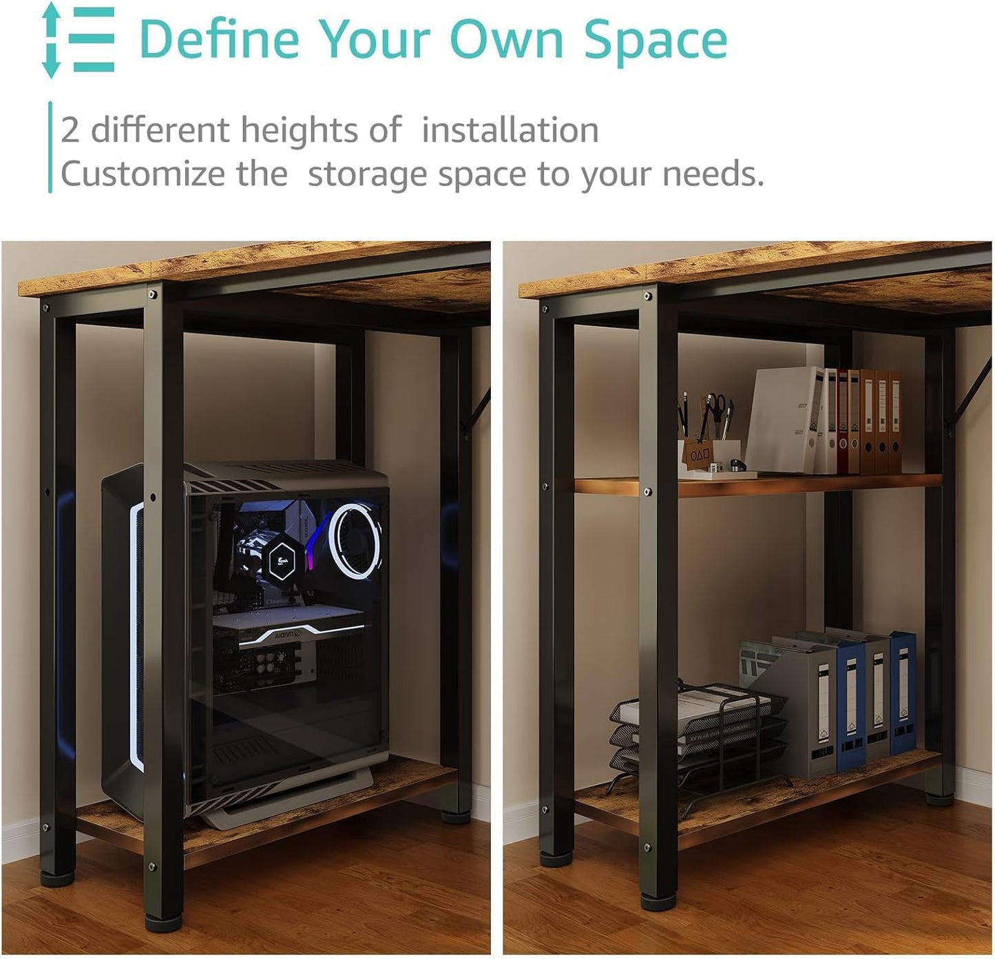 Lufeiya 63 inch Computer Desk with 4 Fabric Drawers & Storage Shelves, Writing Work Study Desk for Home Office Bedroom, Modern Simple Student PC Desks Table, Rustic Brown