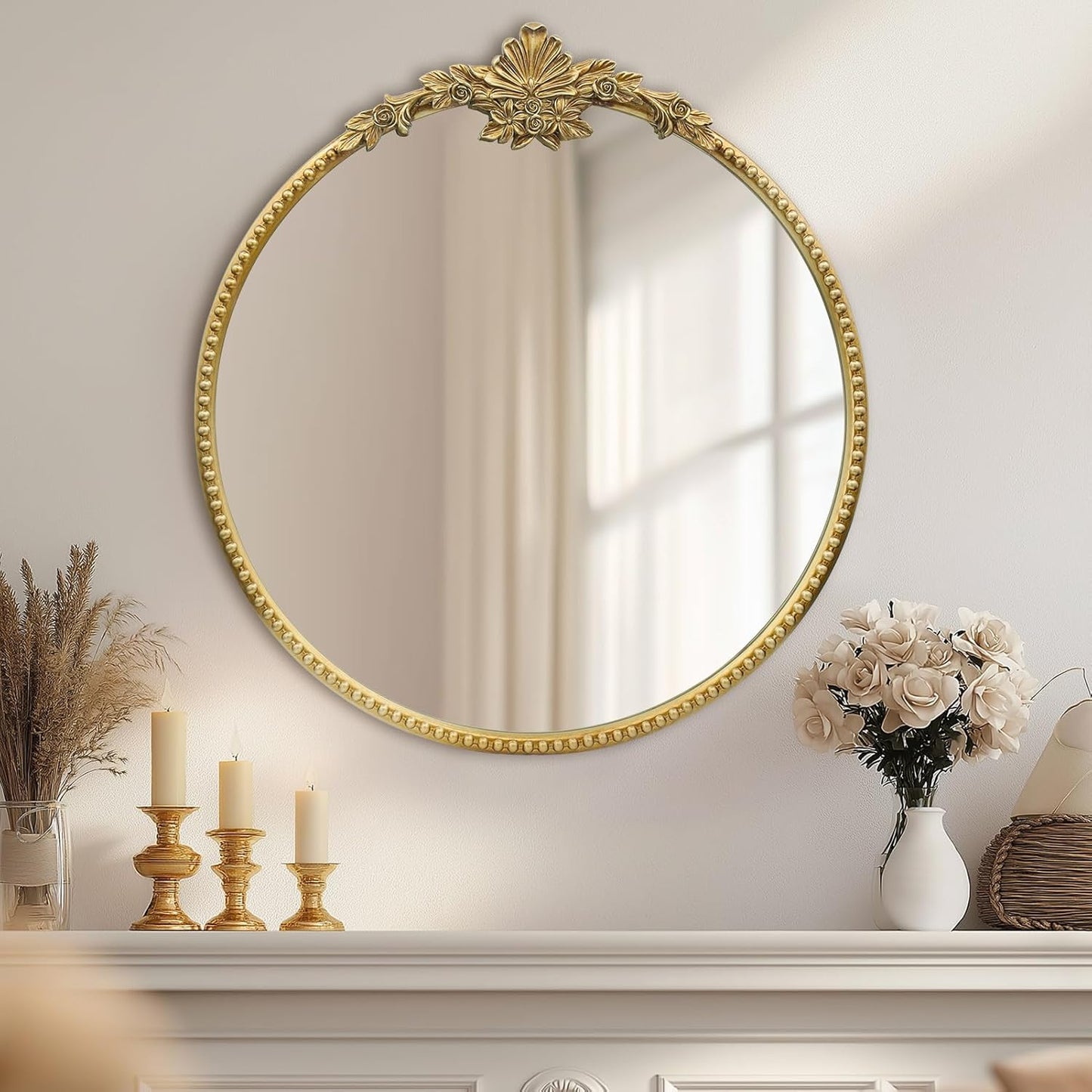 Round Gold Mirror,24inch Baroque Style Vintage Decorative Circle Wall Mirror for Living Room, Bedroom, Bathroom, and Entryway,Antique Gold