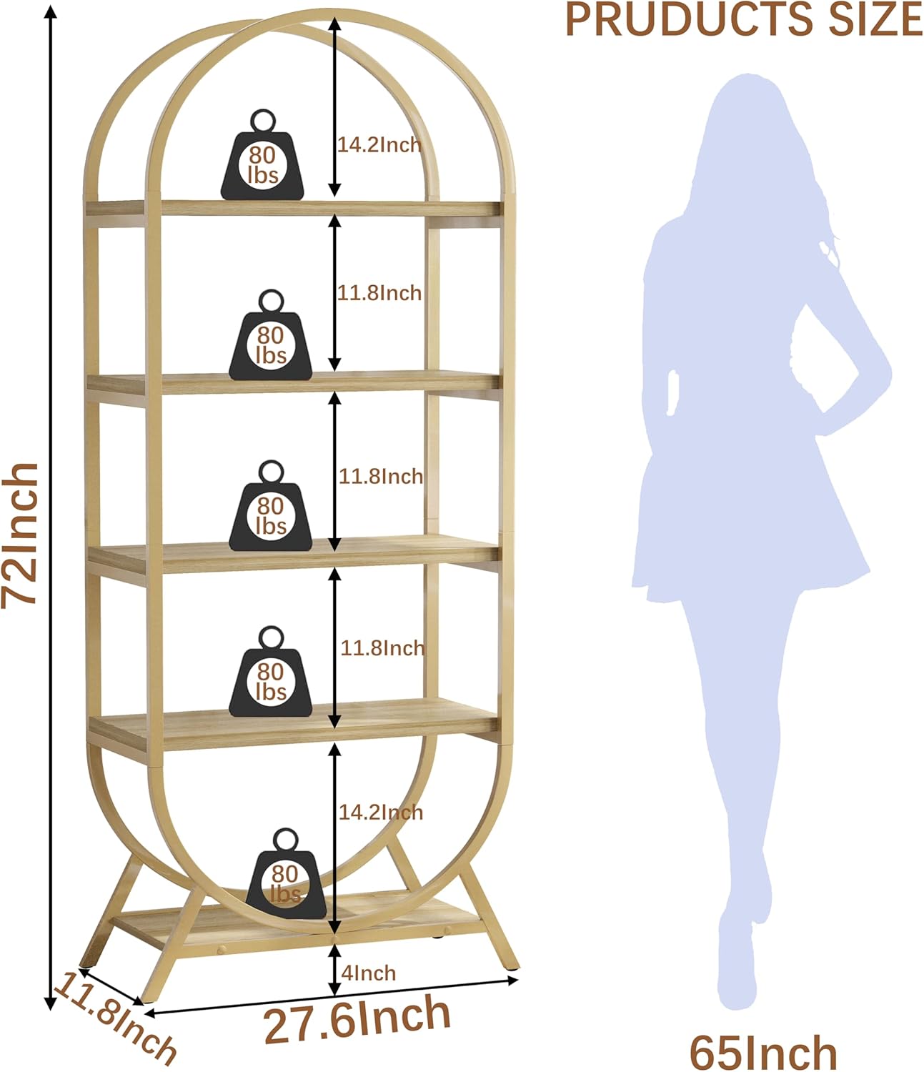 Bookshelf Arched Bookcase Set 2, 5 Tier Open Freestanding Display Shelf for Home Office, Living Room, Gold & Nature Wood