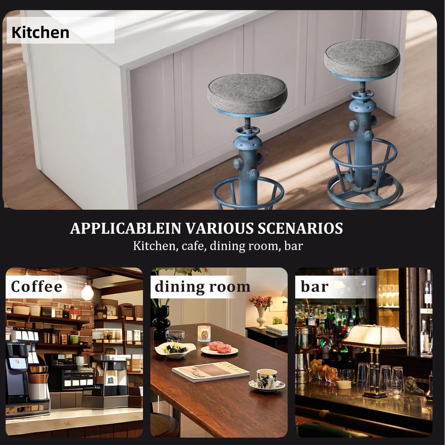 Industrial Bar Stool with Cushioned PU Seat 24.8-30.3inch Height Adjustable Vintage Counter Stools for Kitchen Island Farmhouse Fire Hydrant Design Coffee Chair