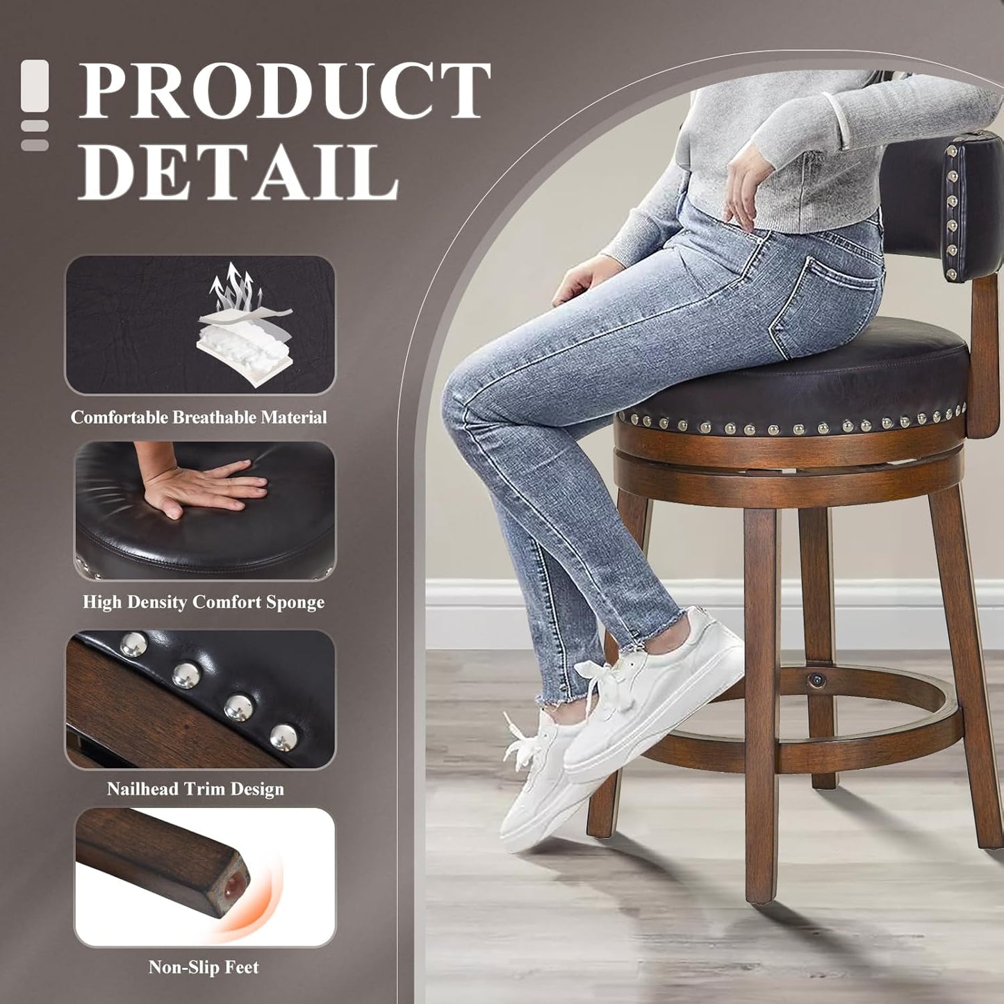 COLAMY Swivel Bar Stools Set of 3, Swivel Counter Height Barstools with Back, 25 Inch Modern Upholstered Bar Stools for Kitchen Island Dining Room Bar, Dark Brown