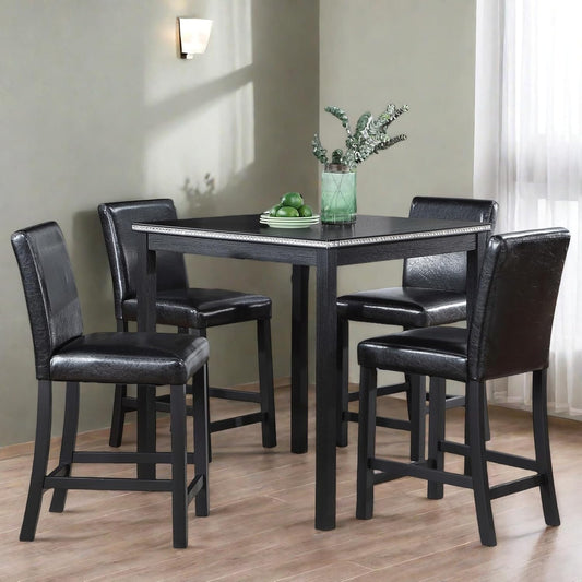 Dining Table Set for 4, 5-Piece Dining Room Table Set with Square Crystal Decoration Table & 4 Upholstered Backrest Chairs, Counter Height Kitchen Sets with Wood Grain & Footrest, Black