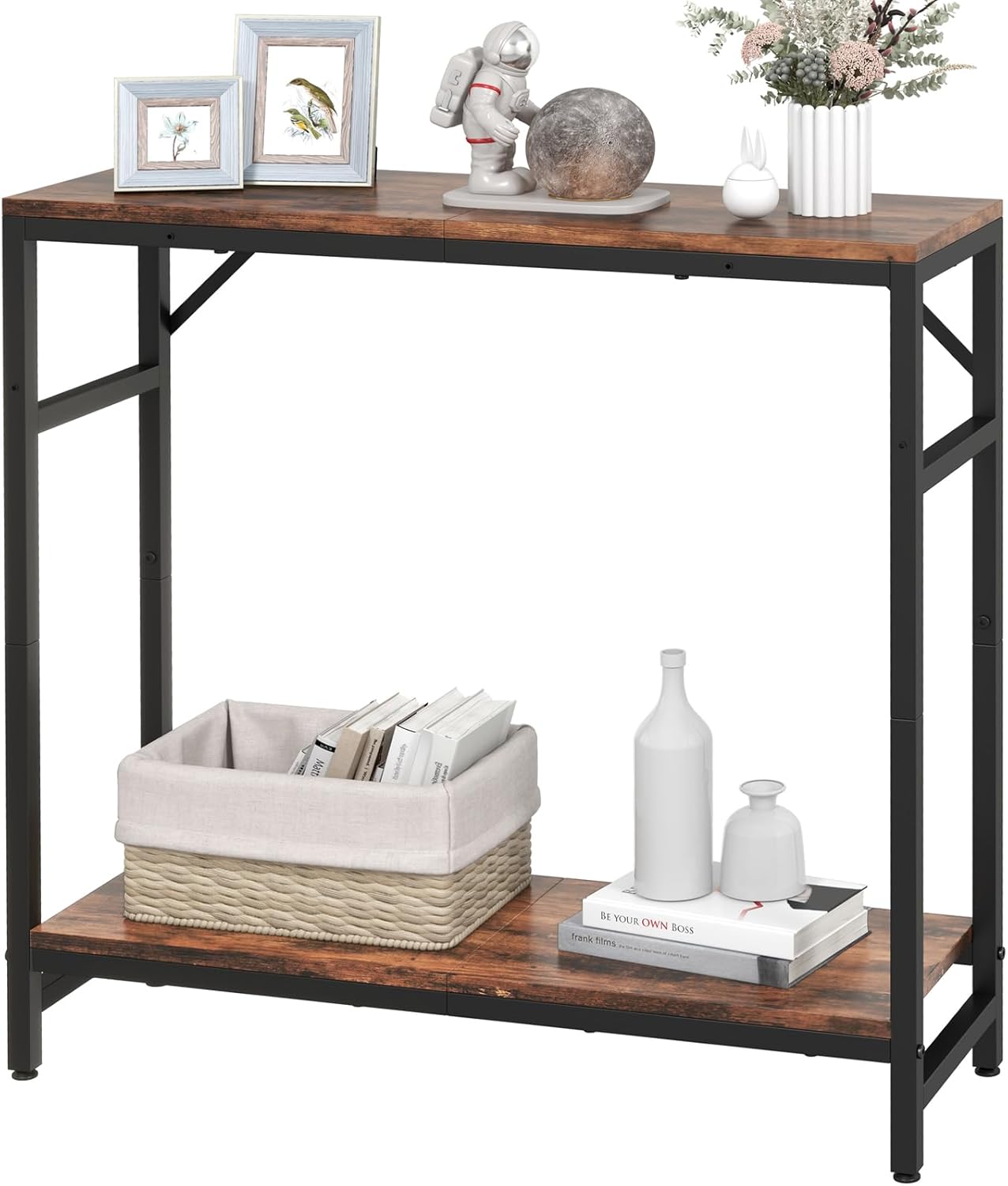 Narrow Console Table, Small Entryway Table with 2 Support Bar, 2 Tier Sofa Table, 29.5" Thin Couch Table, Display Table, Side Table for Living Room, Hallway, Bedroom, Rustic Brown