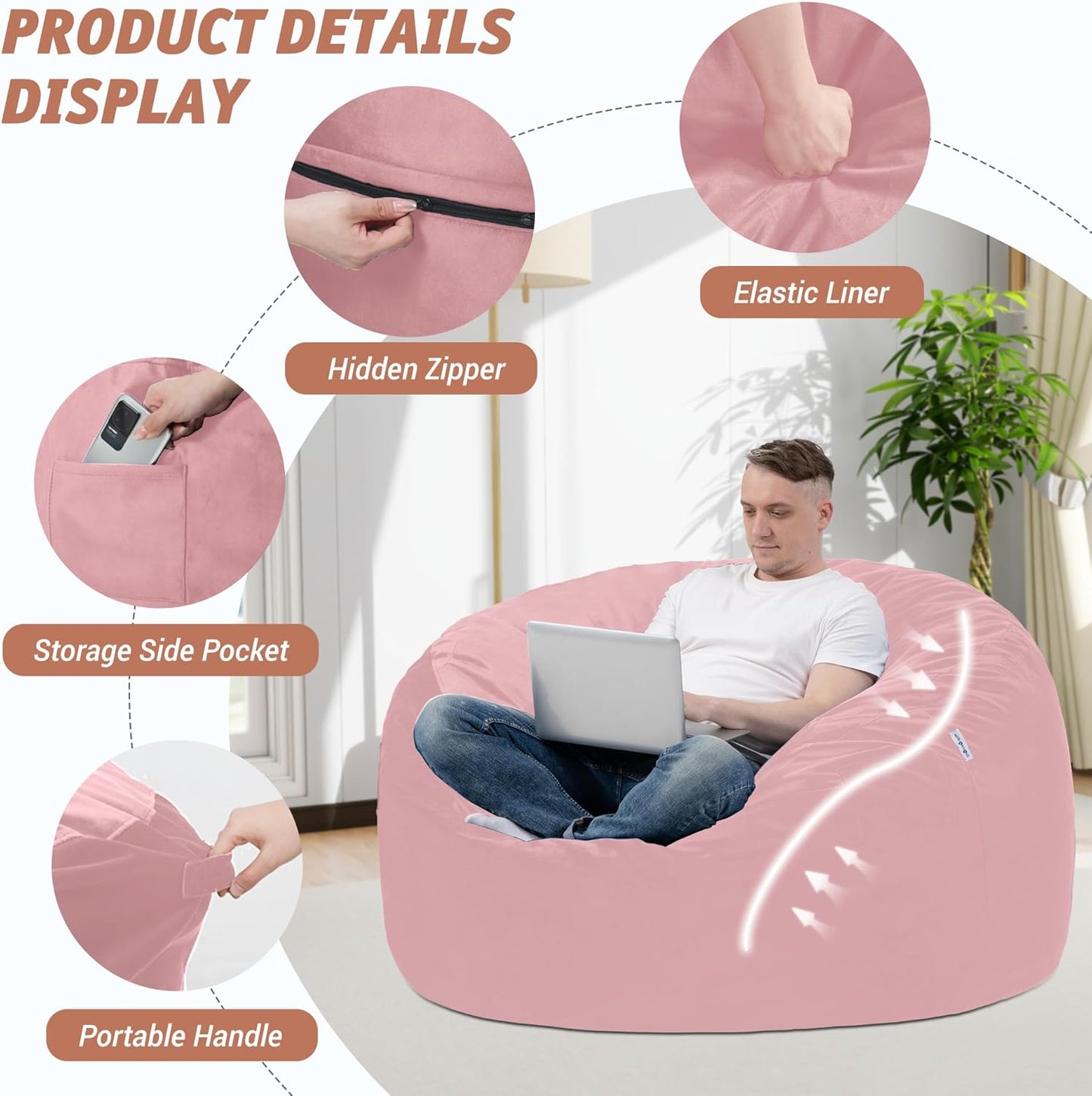 3FT Bean Bag Chair with Ultra Soft Velvet Cover Bean Bag Sofa with Memory Foam Bean Bag Chairs with Large Size Lazy Sofa for Dorm Office Living Room Bedroom Light Pink 3'