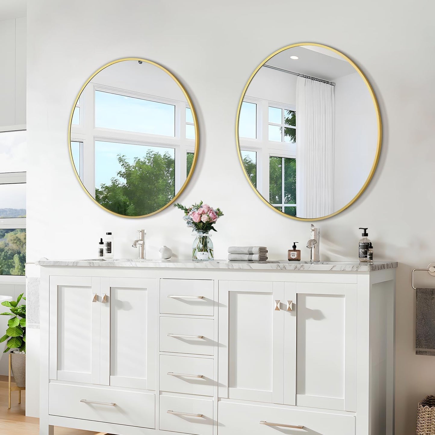 Round Mirror 24 Inch Gold Round Bathroom Mirror Wall Mirror Brushed Metal Frame Anti-Rust Tempered Glass for Bathroom Bedroom Entryway Living Room