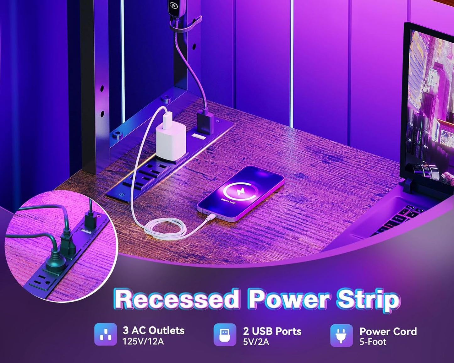 AODK L Shaped Desk Gaming Desk with LED Light & Power Outlet, 53 Inch Reversible L Shaped Computer Table with Shelf & Storage Bag & Hook for Home Office, Vintage