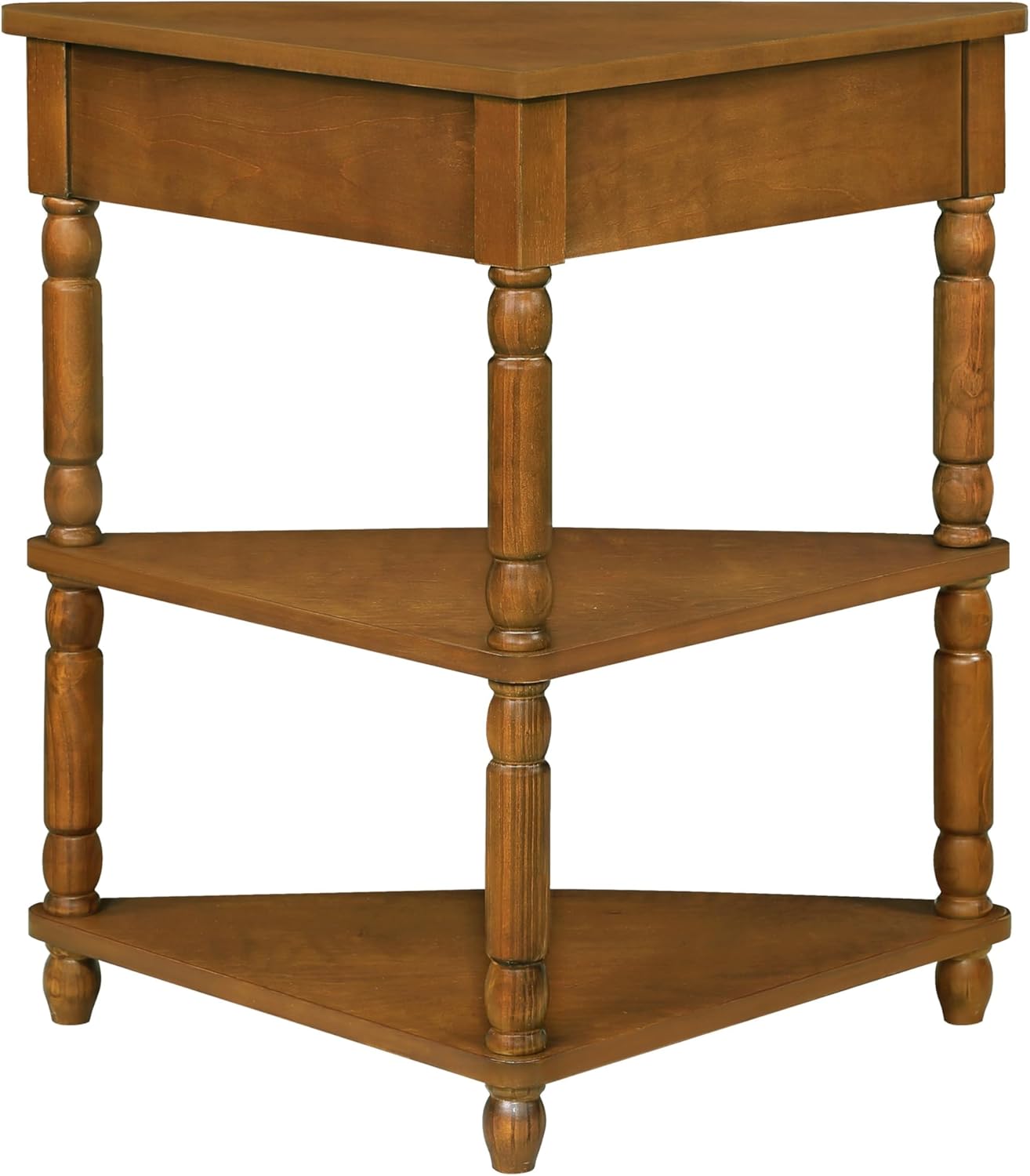 GDFStudio Trmxmbi 3 Tier Corner Console Table with 1 Storage Drawers and Shelves, 33.8'' Rustic Wood Triangle Sofa End Table for Small Spaces, Solid Wood Legs, Brown