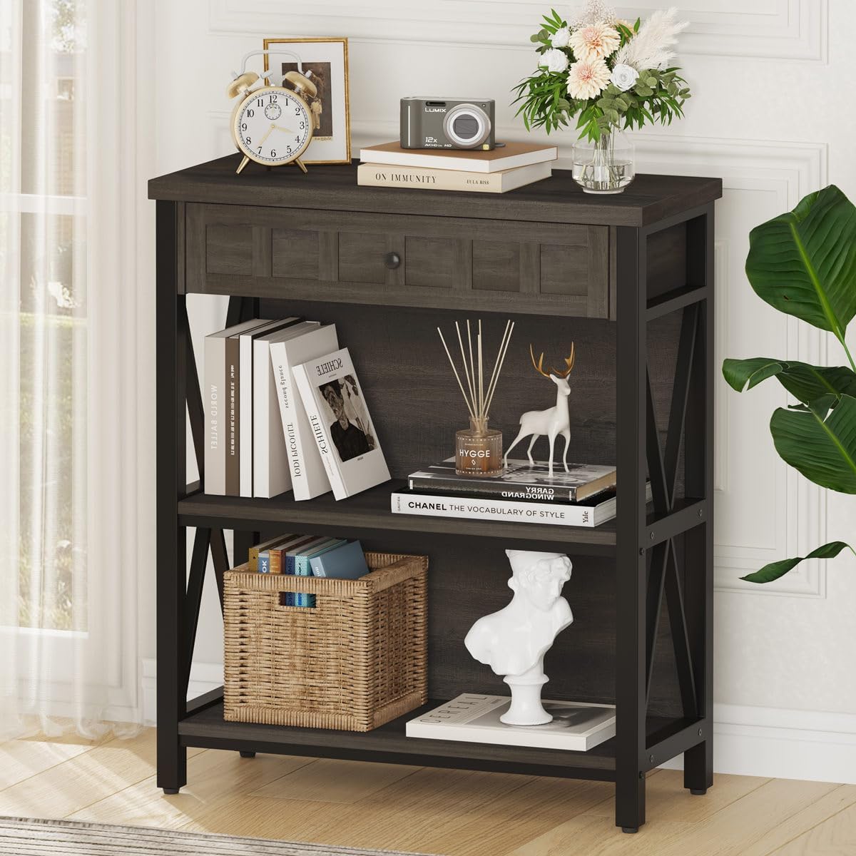 FATORRI Rustic Small Bookshelf, Industrial Wood Book Shelf with Drawer, 3 Shelf Bookcase for Small Space, Low Book case for Living Room, Home Office (Walnut Brown)