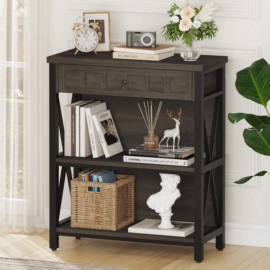 FATORRI Rustic Small Bookshelf, Industrial Wood Book Shelf with Drawer, 3 Shelf Bookcase for Small Space, Low Book case for Living Room, Home Office (Walnut Brown)