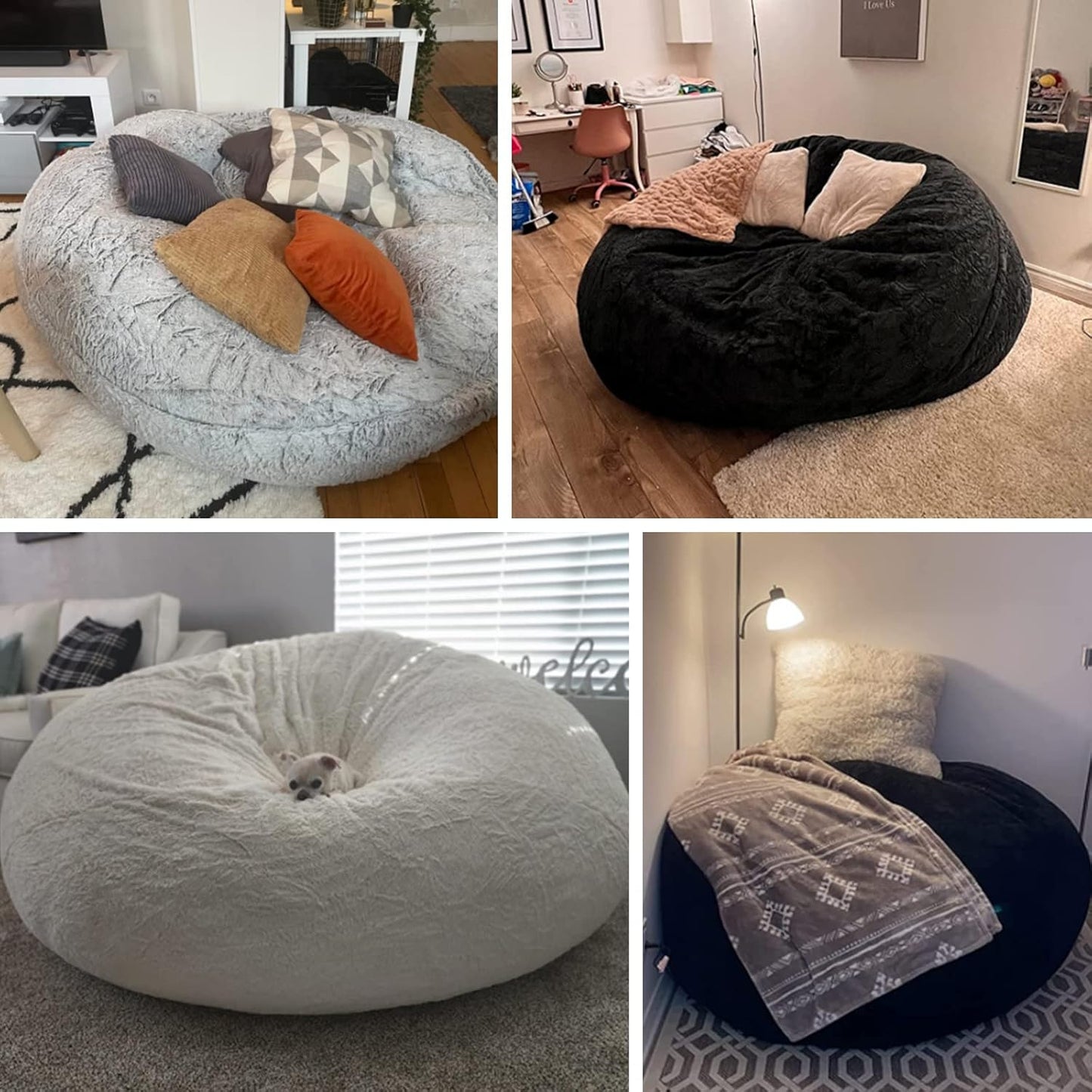 (No Filler) Bean Bag Chair Cover Without Filler,Big Round Soft Fluffy PV Velvet Washable Bean Bag Lazy Sofa Bed Cover for Adults,Living Room Bedroom Furniture Outside,6ft Snow Grey