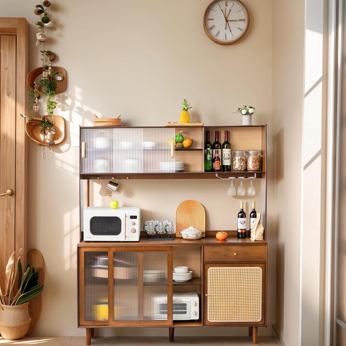 Tiita Kitchen Hutch with Countertop, 69” Rattan Solid Wood Pantry Cabinet with Hutch, Boho Bamboo Sideboard Buffet Cabinet, Boho Entryway Table for Living Room, Home Bar, Hallway, Walnut