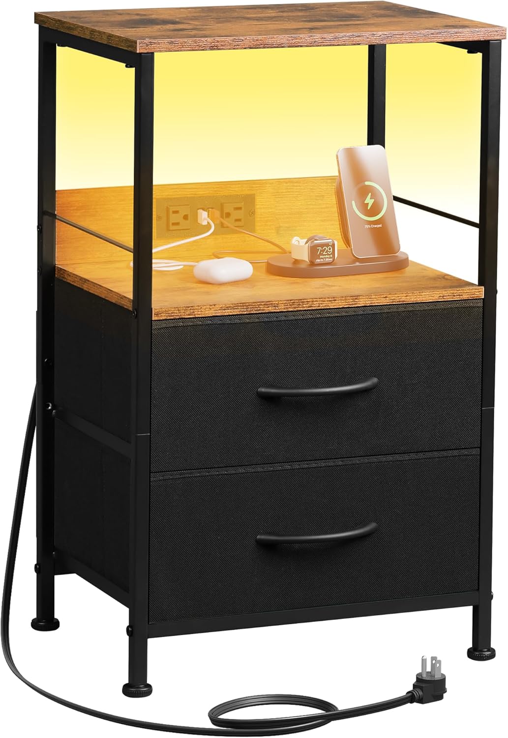 WLIVE Nightstand with Charging Station, LED Night Stand with 2 Fabric Drawers and Open Shelf, Small Dresser for Small Spaces, Side End Tables for Bedroom, Rustic Brown and Black