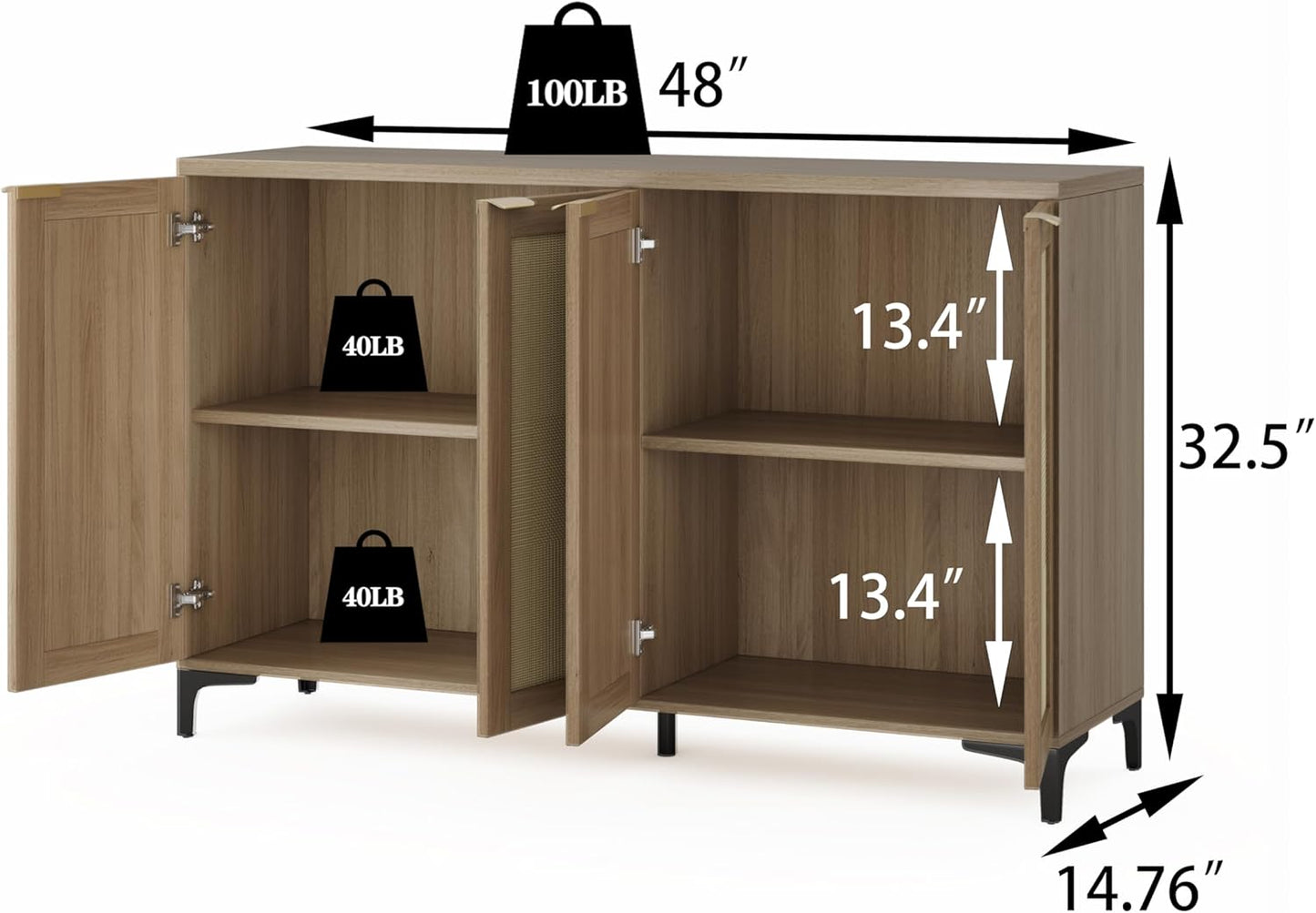 Sideboard - Buffet Cabinet with Storage, Rattan Storage with 4 Doors and Adjustable Shelves, Accent with Metal Feet, Sideboard Cabinet for Living Room (Natural)