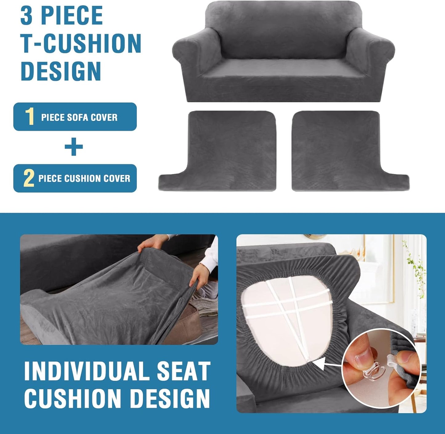 H.VERSAILTEX Sofa Cover 3 Piece T Cushion Loveseat Slipcovers Thick Velvet Couch Cover Stretch T Cushion Sofa Covers for 2 Cushion Couch with 2 Individual T Cushion Covers Washable, Grey