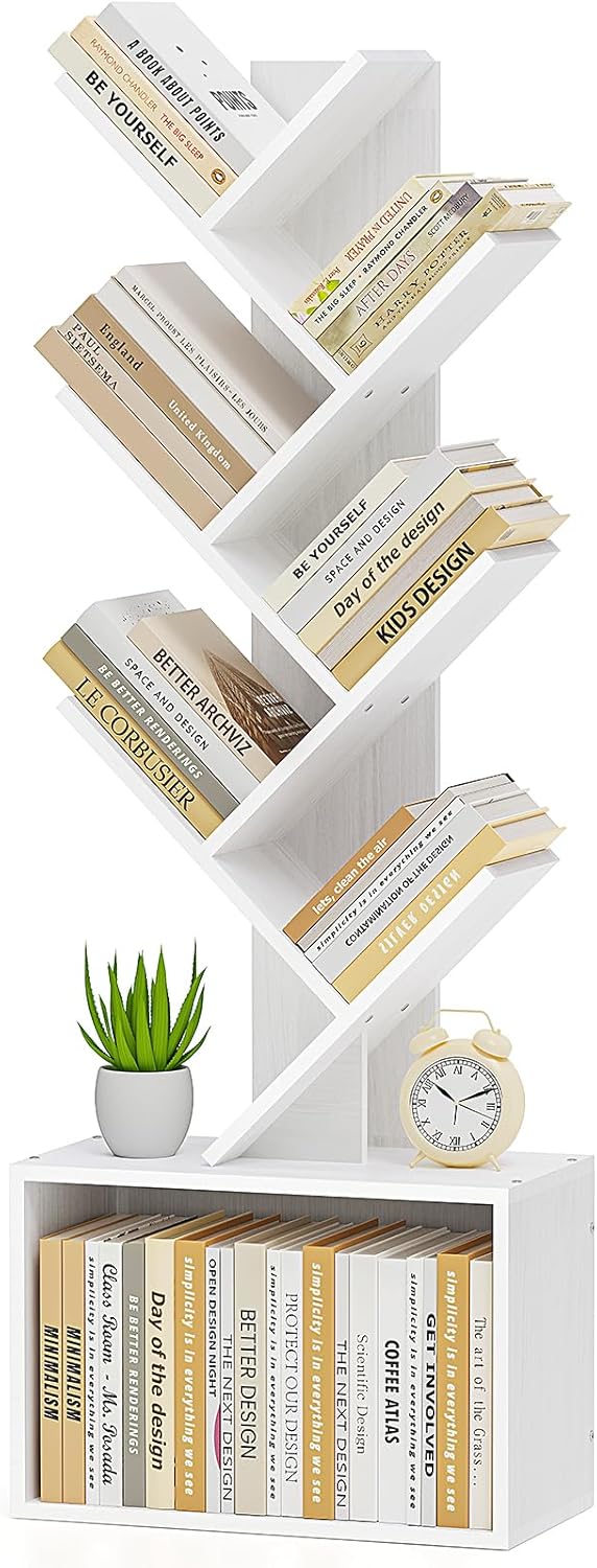 6 Tier Tree Bookshelf, Sturdy Retro Floor Standing Wood Bookcase, Storage Rack for Home Office, Living Room, Bedroom, Reading Spot, Heavy Book Organizer Shelves for CDs/DVDs/Movies, White