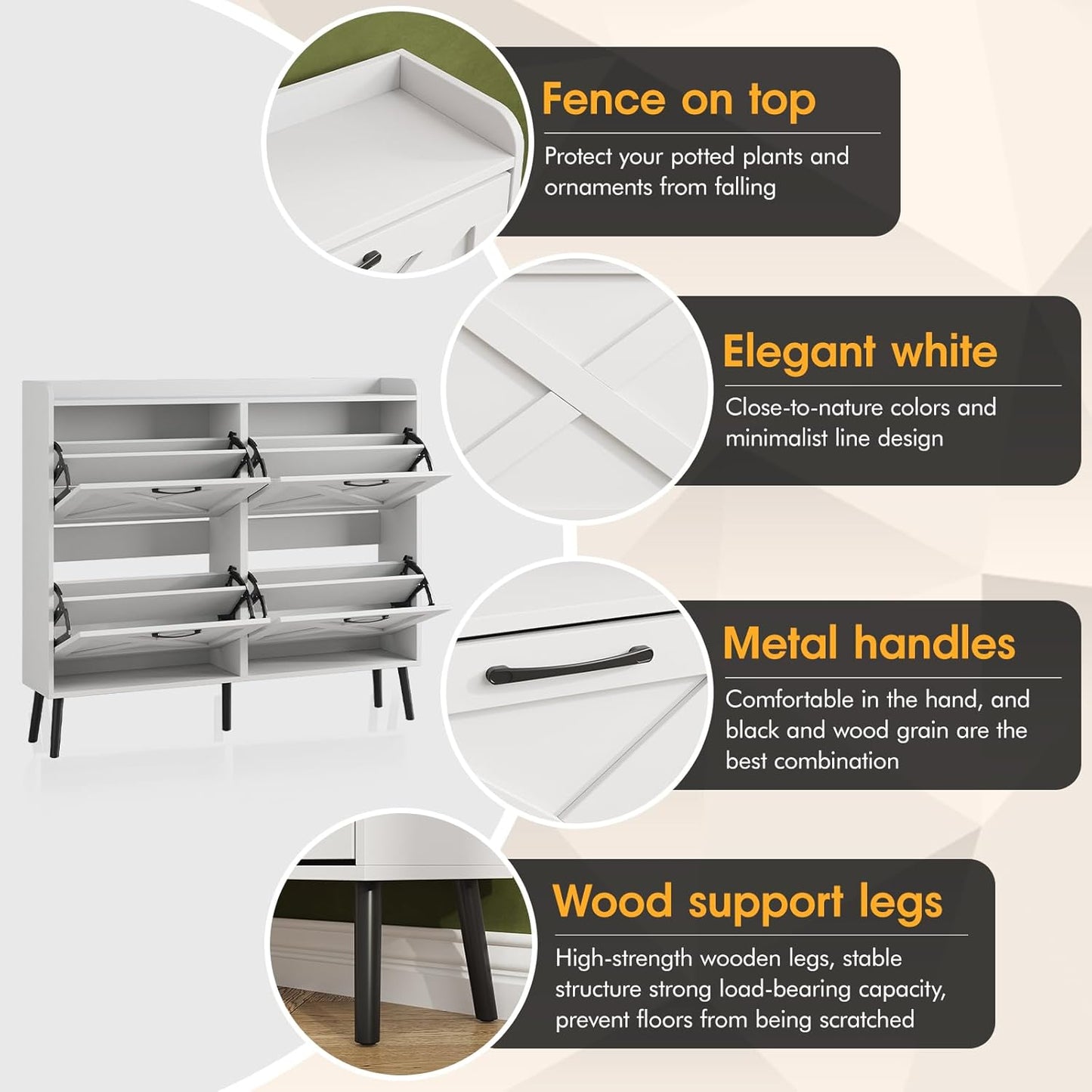 Maupvit Large Shoe Storage Cabinet with 4 Flip Drawers, Narrow Shoe Cabinet for Entryway with Wooden Legs, Freestanding Hidden Shoe Rack Organizer ＆ Metal Hinges, White