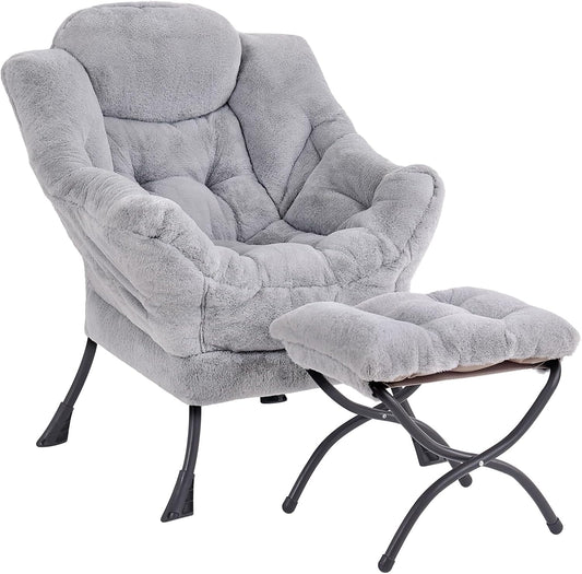Lazy Chair with Ottoman, Modern Accent Lounge Leisure Sofa with Armrests, Reading Chair and Folding Footstool for Living Room, Bedroom, Office, Plush Grey