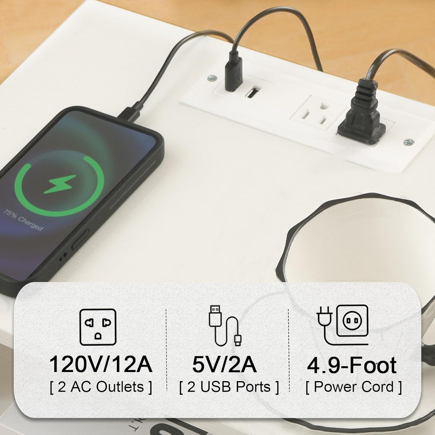 White Nightstand with Charging Station, Modern Bedside Table with Drawer and Solid Wood Legs, Fluted End Side Table for Bedroom, Dorm and Small Space (White)