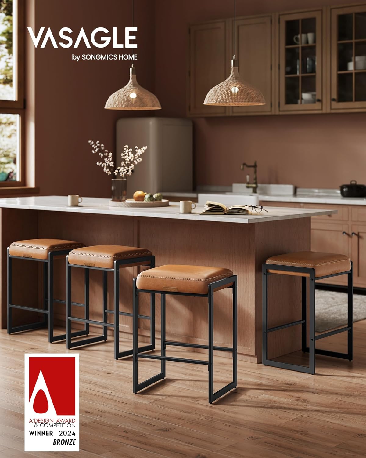 VASAGLE EKHO Collection - Bar Stools Set of 4, Counter Height Bar Stools, Synthetic Leather with Stitching, Mid-Century Modern Counter Stools, 26-Inch Tall, Kichen Home Bar Dining Room, Caramel Brown