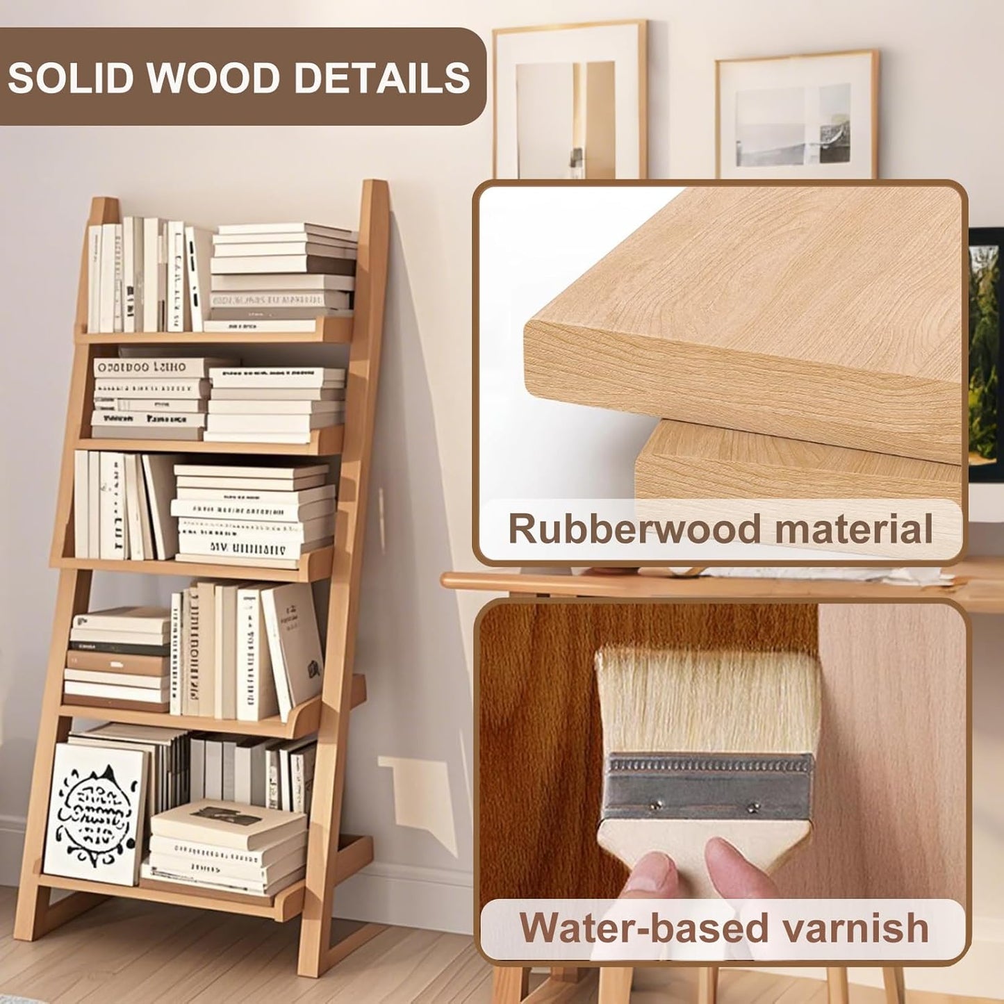 5-Tier Ladder Bookshelf, H 55" Leaning Bookshelf Storage Rack Organizer, Wooden Ladder Shelf Bookcase for Living Room, Home Office and Bedroom, Wood Color