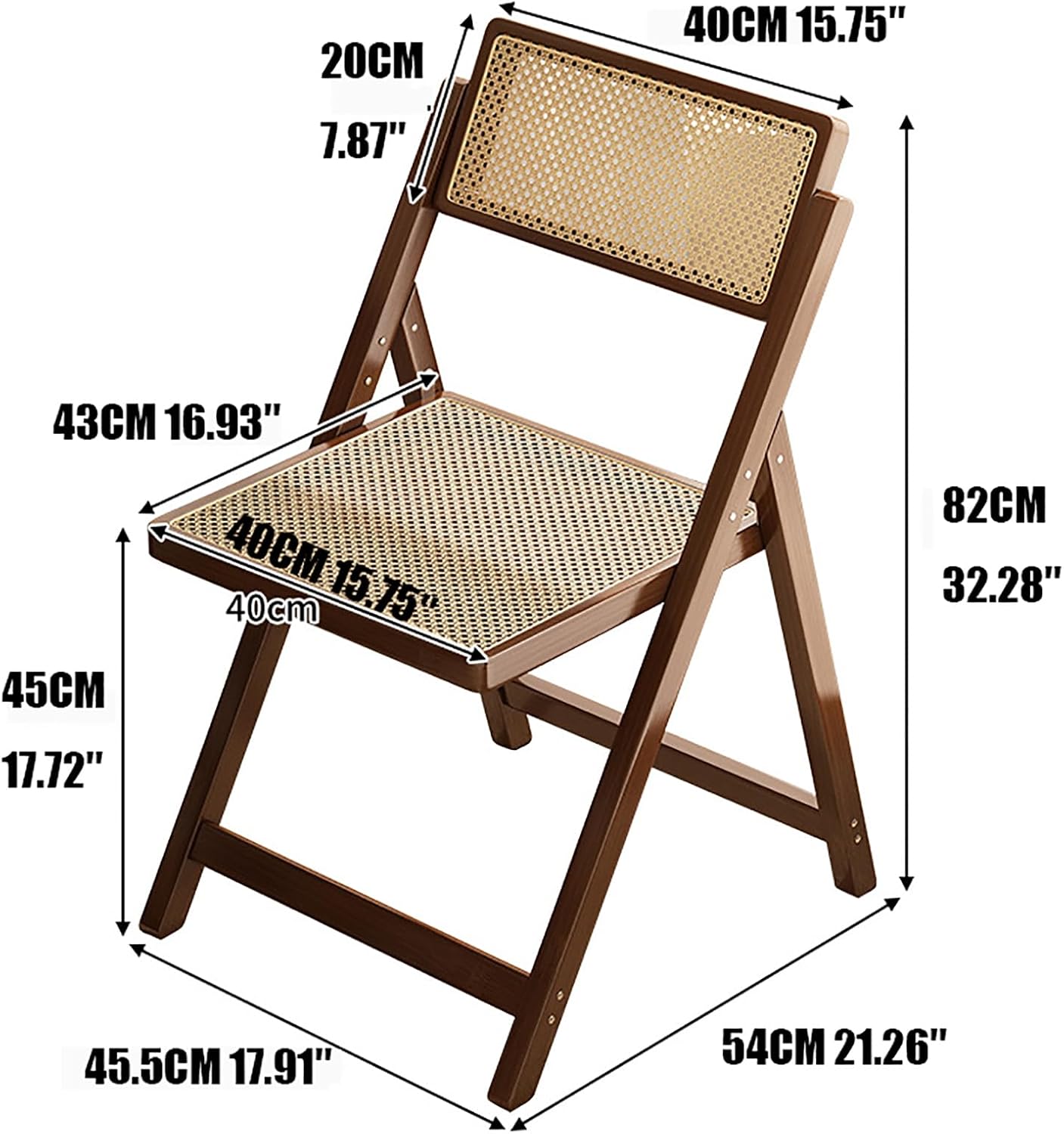 KISKIS Wooden Rattan Folding Chairs Portable Save Space Kitchen Dining Chair for Balcony Living Room, with Mesh Elastic Seat and Curved Back, 400LBS,1 Pack