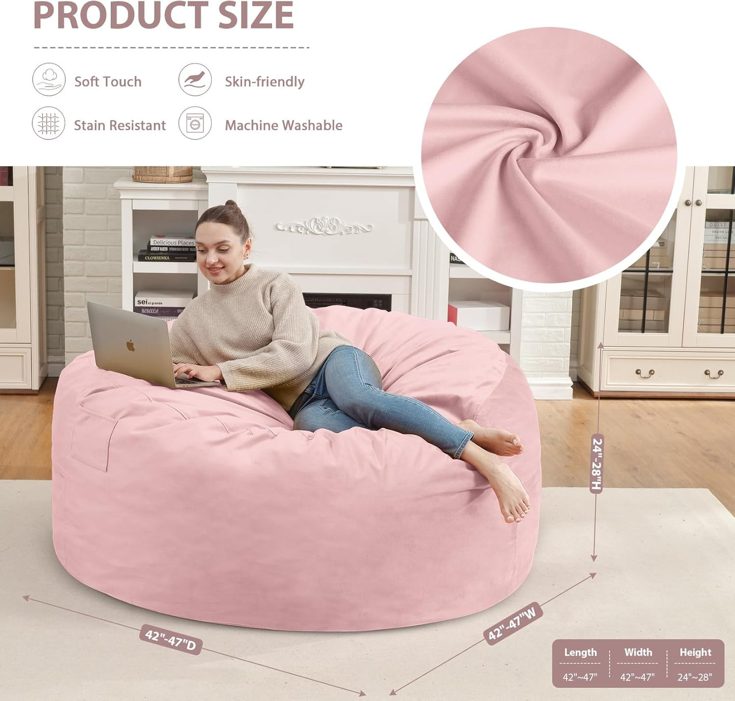 4FT Bean Bag Chair, Large Bean Bag Chairs with Memory Foam Filled, Fluffy Beanbag Sofa with Dutch Velvet Cover, Round BeanBag Chairs for Living Room, Playroom - Light Pink