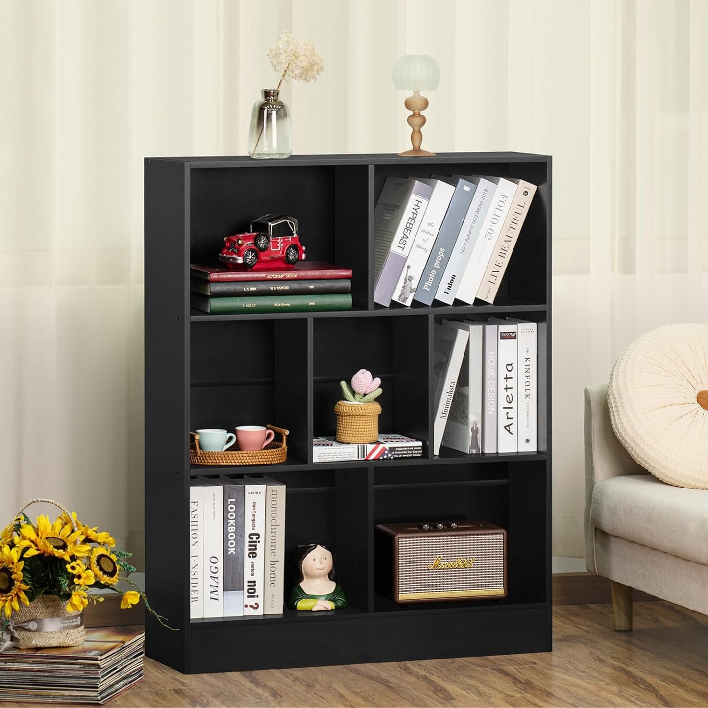 YAHARBO Black 7 Cube Bookshelf,3 Tier Modern Horizontal Bookcase,Wooden Low Book Shelf Display Storage Cabinet with Base,Floor Standing Short Bookshelves Open Organizer for Bedroom,Living Room,Office