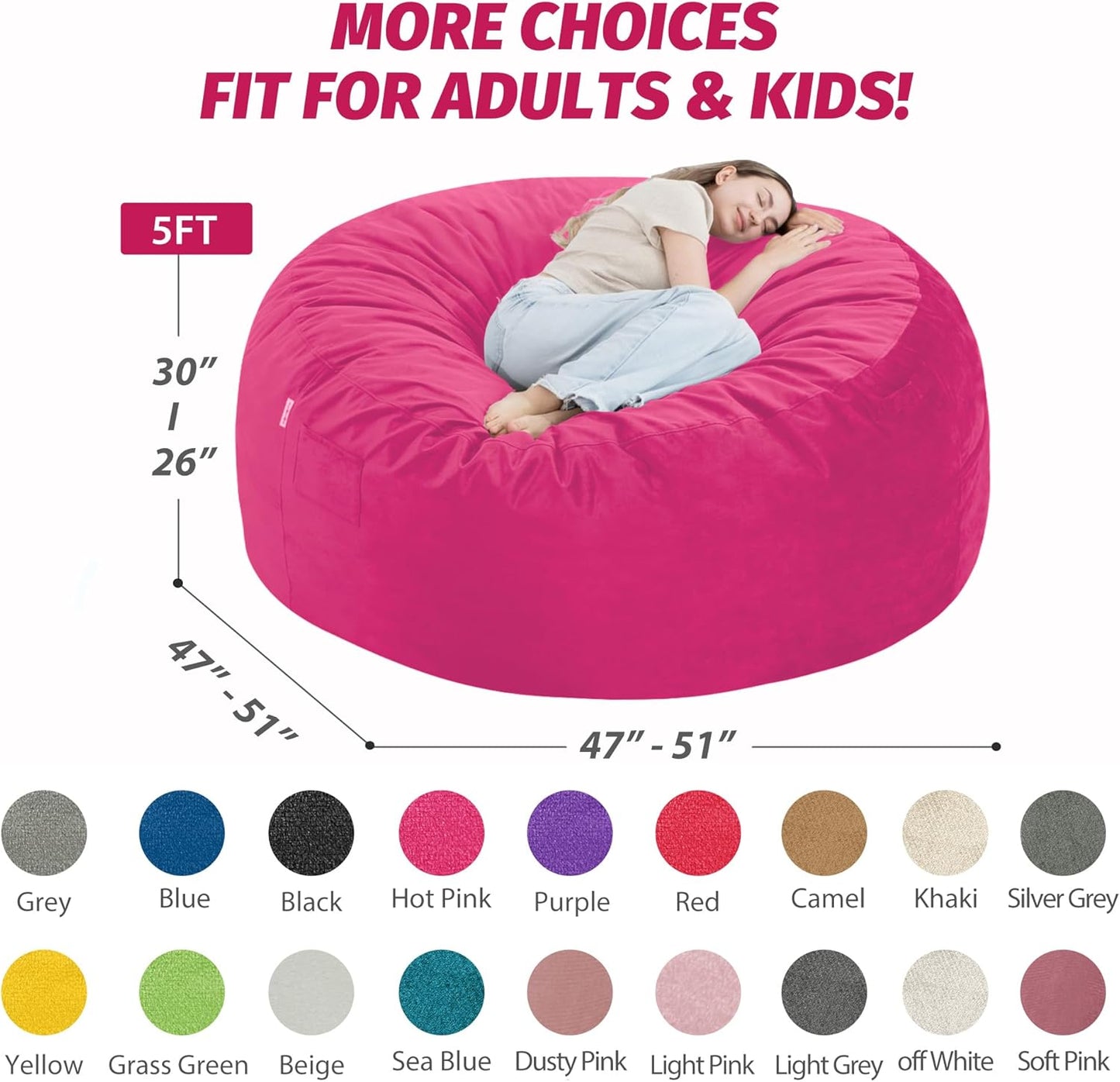 5FT Bean Bag Chair with Ultra Soft Velvet Cover Bean Bag Sofa with Memory Foam Bean Bag Chairs with Large Size Lazy Sofa for Dorm Office Living Room Bedroom Hot Pink 5'