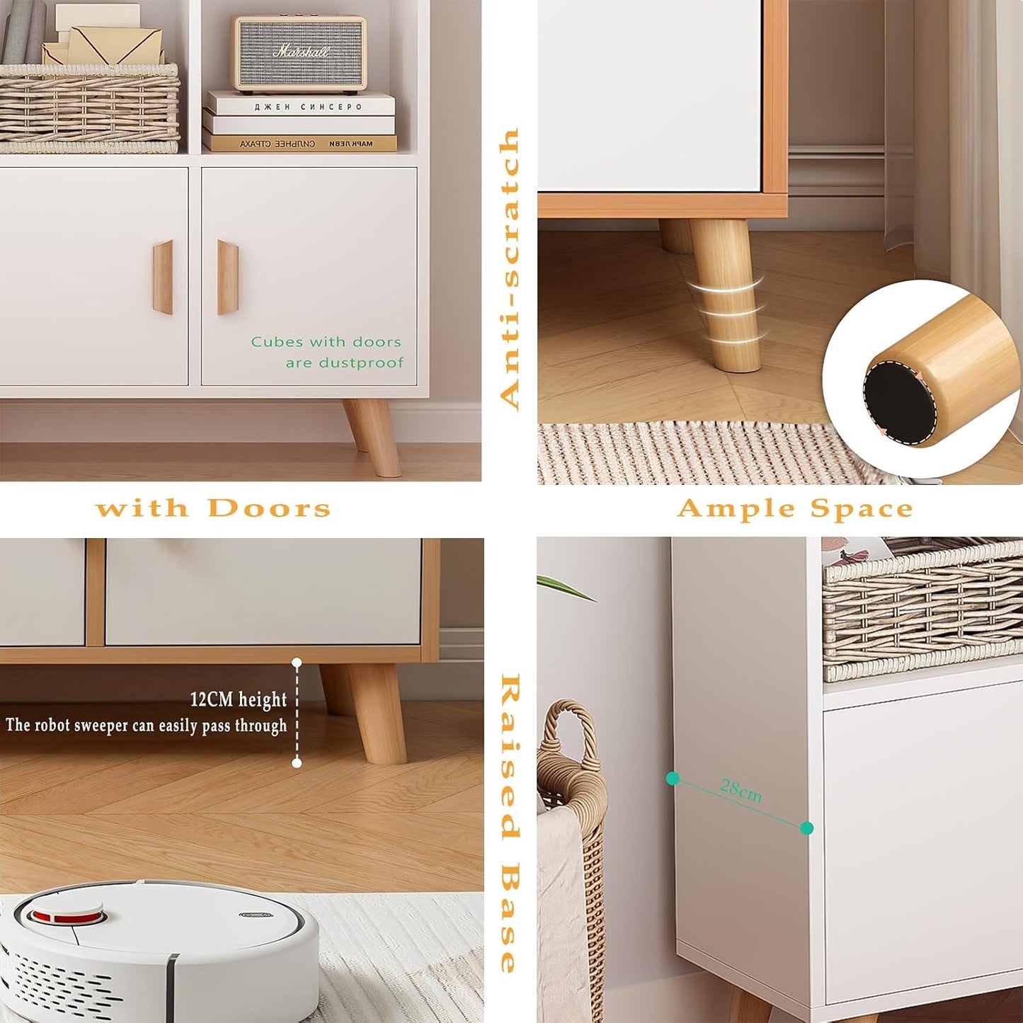 Cubby Shelf Bookcase with Doors - Wooden 8 Cube Floor Standing Open Bookshelf with Solid Wood Legs, 2-Tier Low Storage Cabinet, Warm White