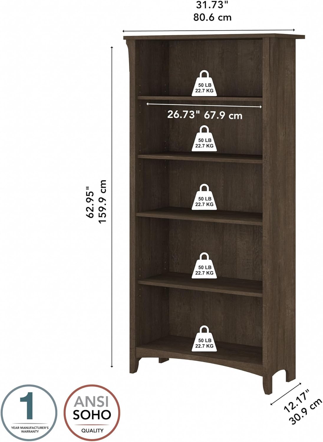 Bush Furniture Salinas 5 Shelf Bookcase in Ash Brown, Tall Bookshelf, Large Book Shelf for Living Room, Home Office, or Entryway