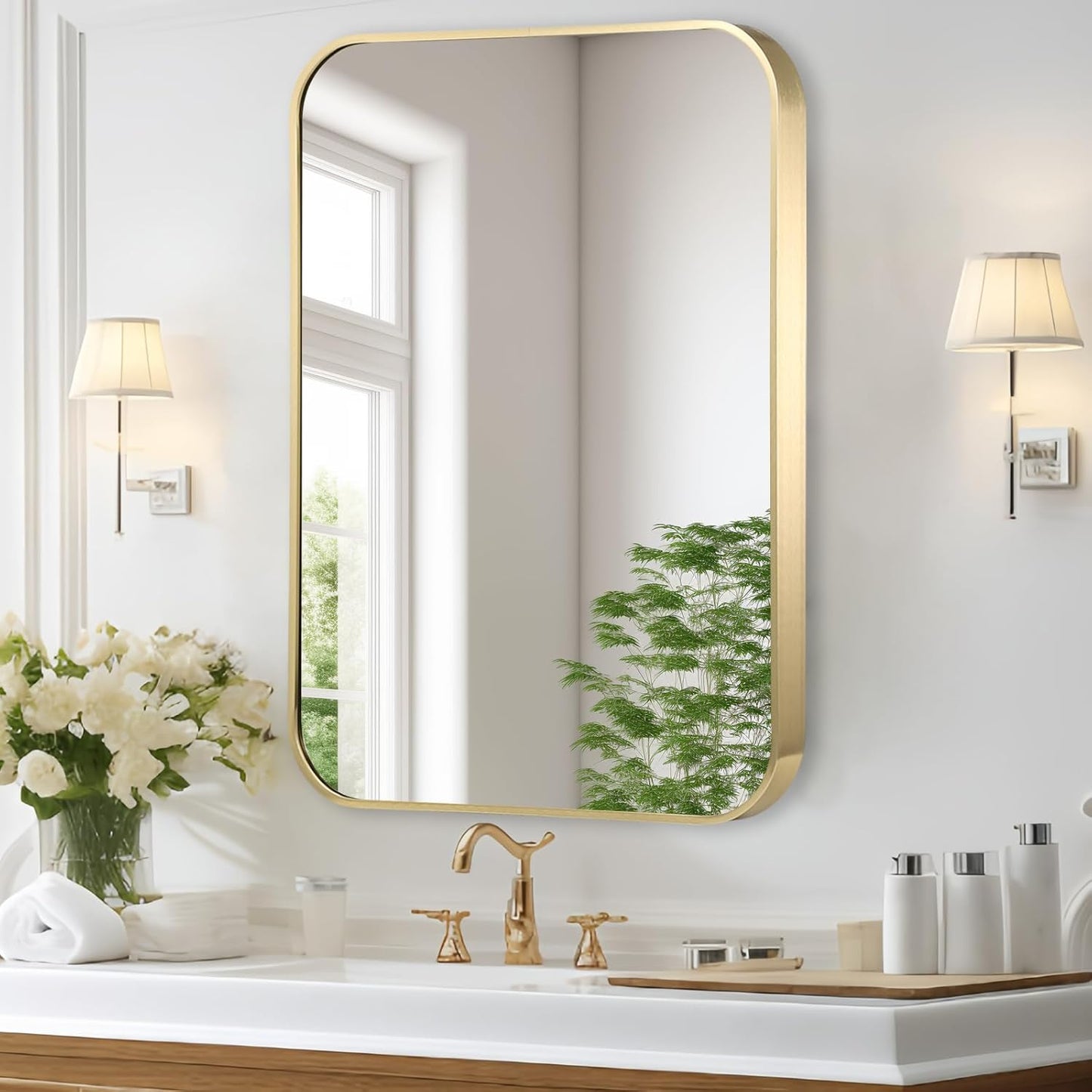 Gold Bathroom Mirror, 20x30 Inch Brushed Gold Mirror, Aluminum Alloy Framed Rectangle Bathroom Mirror for Over Sink, Anti-Rust Wall Mirror (Horizontally or Vertically)