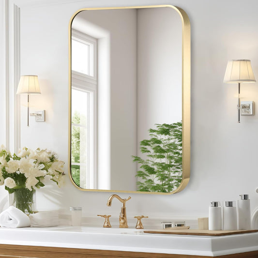Gold Bathroom Mirror, 40x30 Inch Brushed Gold Mirror, Aluminum Alloy Framed Rectangle Bathroom Mirror for Over Sink, Anti-Rust Wall Mirror (Horizontally or Vertically)