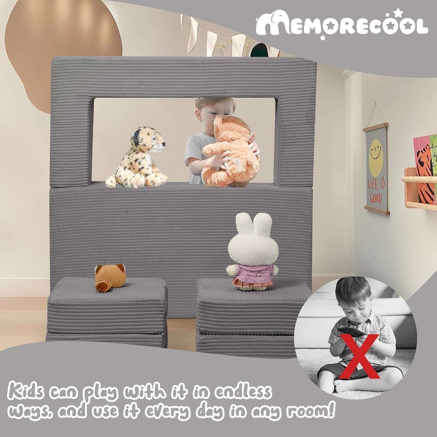 MeMoreCool Modular Kids Couch, Corduroy Play Toddler Couch for Bedroom Playroom Furniture, Convertible Foam Kids Sofa Bed, Fold Out Baby Sofa for Girl Boy, Light Grey