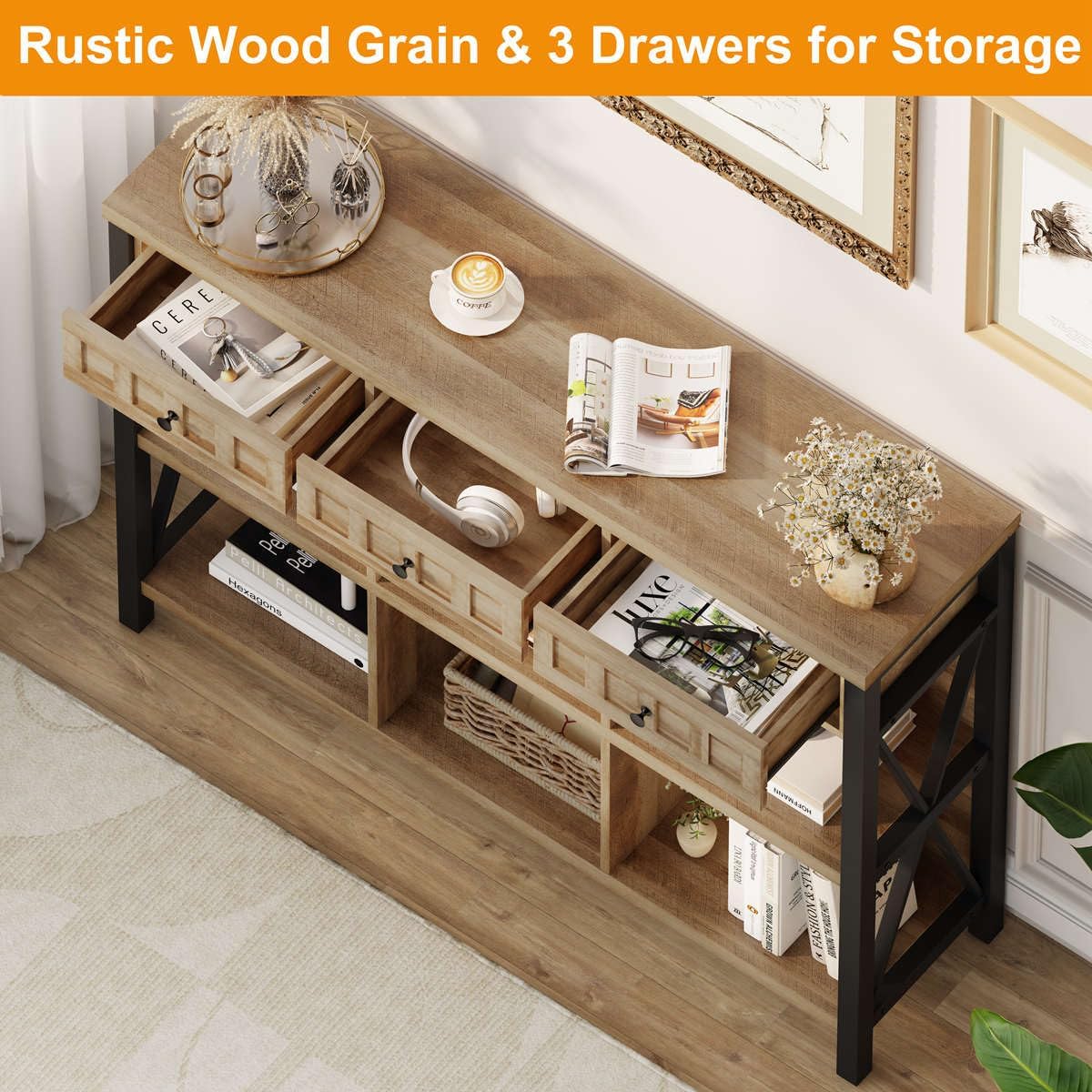 FATORRI Rustic 6 Cube Storage Organizer Shelf with 3 Drawers, Long Horizontal Bookshelf, Industrial Wood and Metal Cubby Bookcase for Living Room (Rustic Oak, 47 Inch)