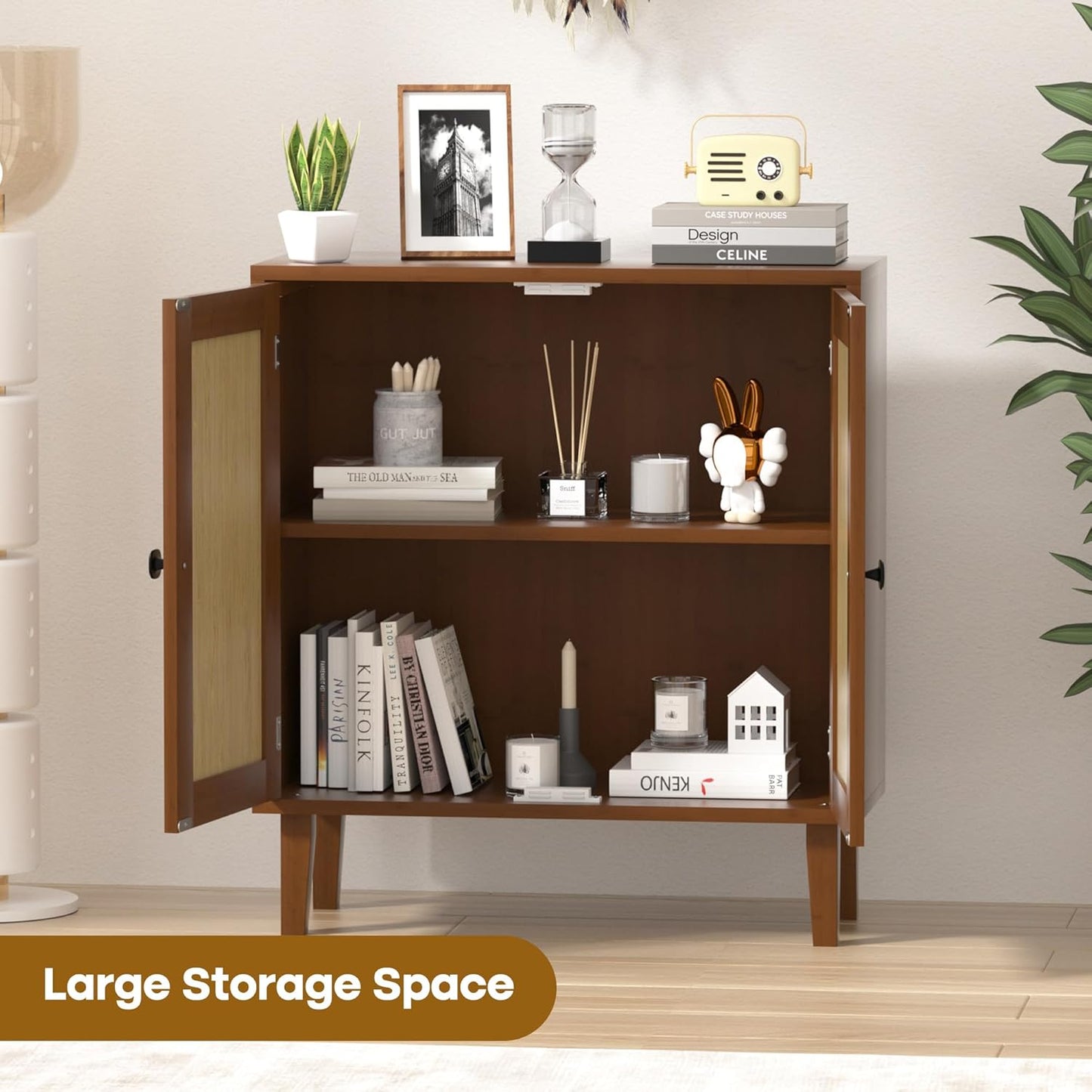 Bamboo Sideboard Buffet Cabinet with Rattan 2 Doors Kitchen Cupboard Accent Entryway Living Room Cabinet Chestnut Brown