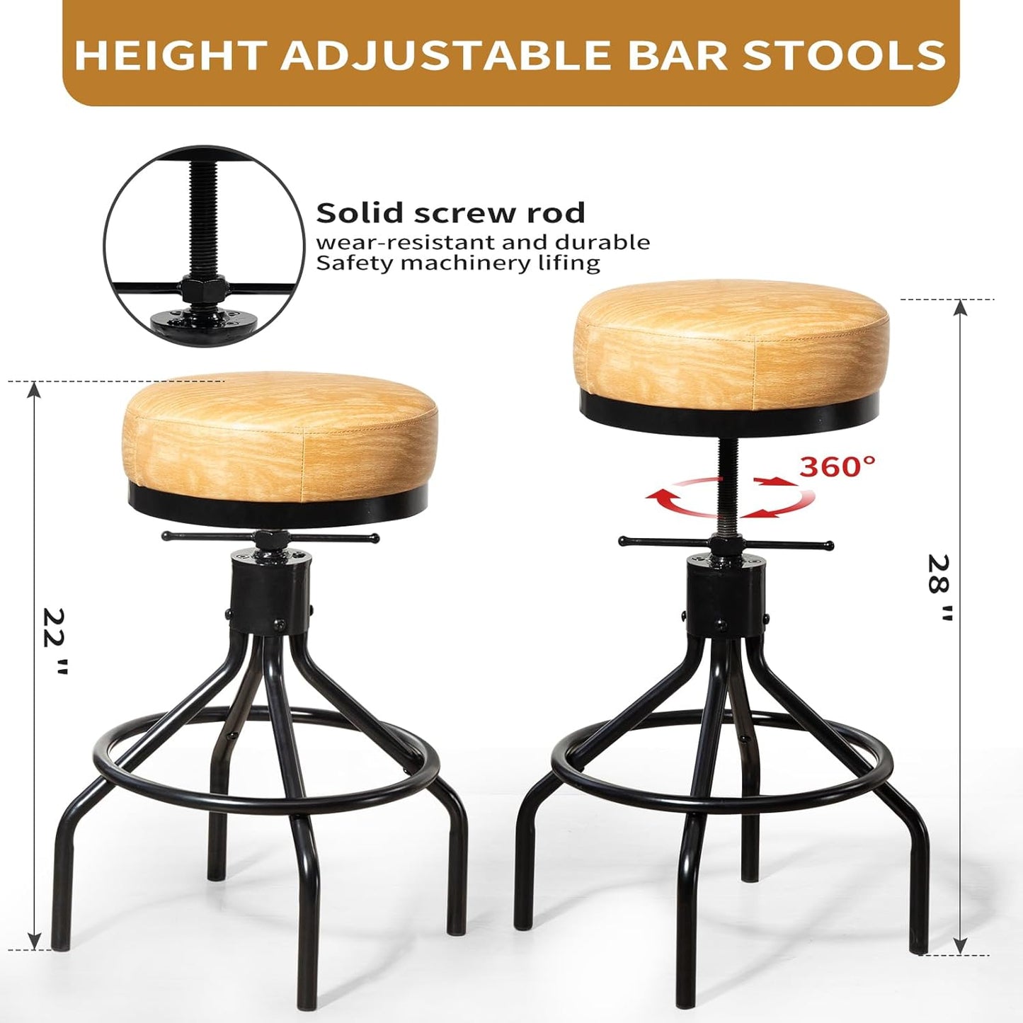 Swivel Bar Stools Adjustable Swivel Barstools Modern PU Leather 28inch Round Backless Counter Height Stool Metal Industrial Bar Chair for Kitchen Island (1, Ash Wood PU Leather)