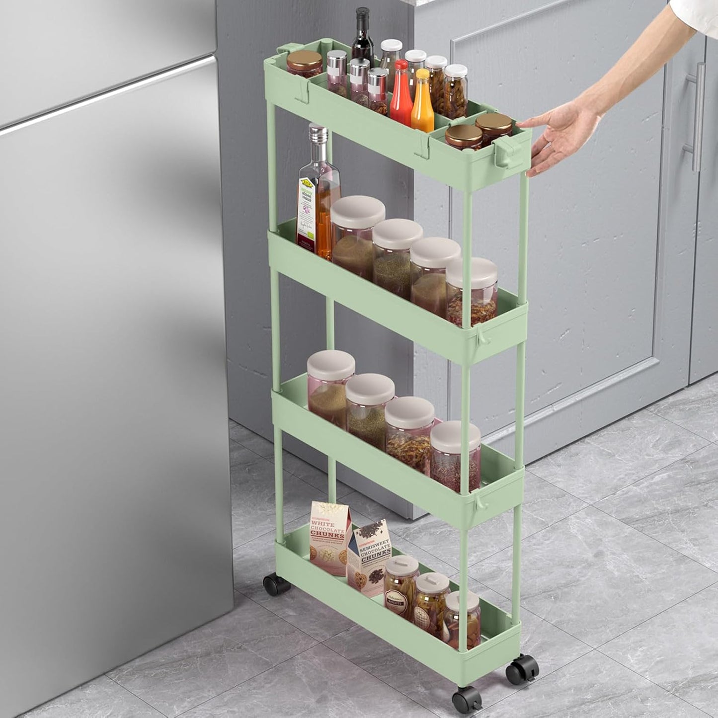 SPACELEAD Slim Storage Cart 4 Tier,Bathroom Organizer Rolling Utility,Mobile Shelving Unit Slide Out for Office, Kitchen, Laundry Room & Narrow Places，Green